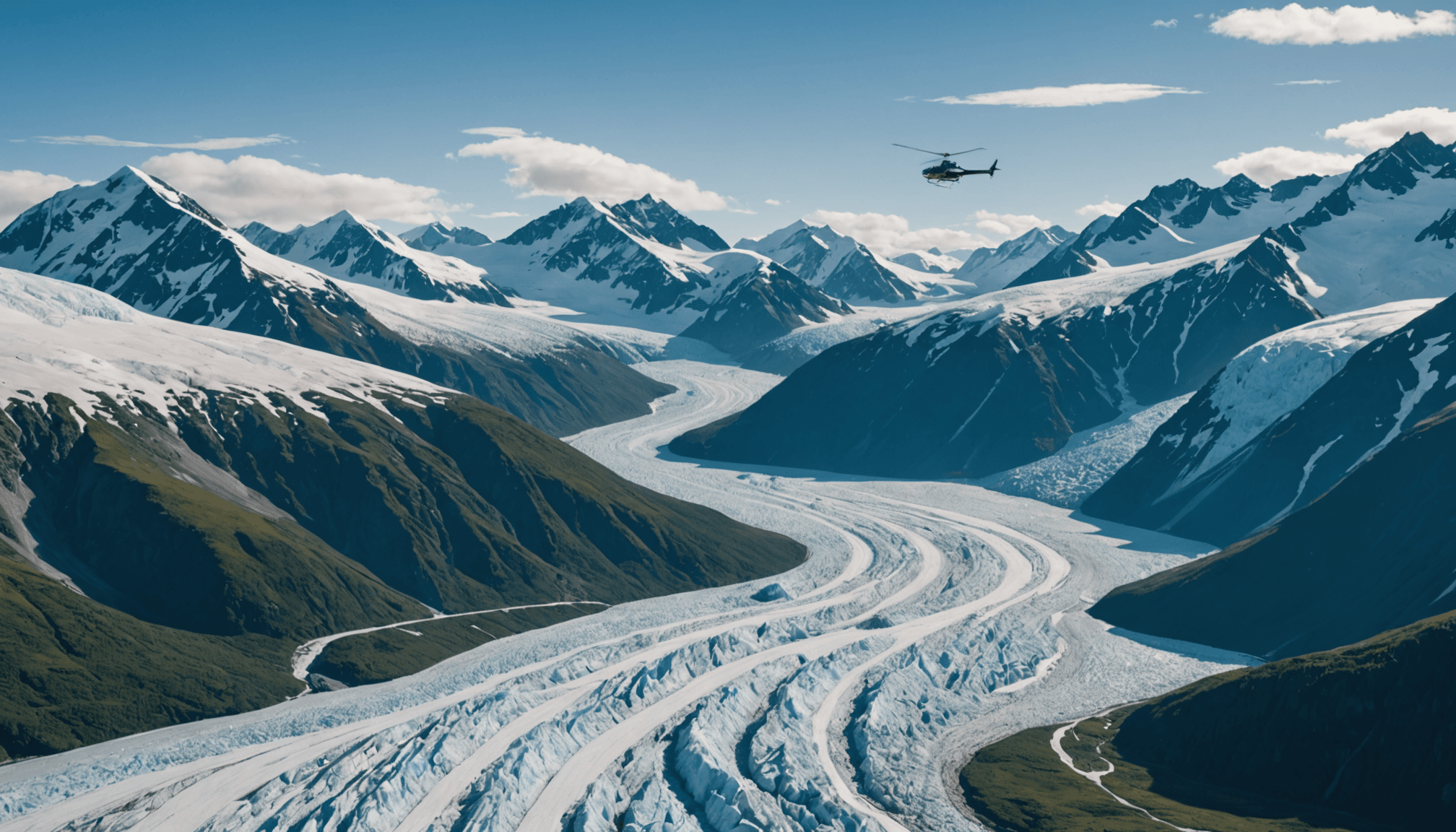 Helicopter flying over Knik Glacier