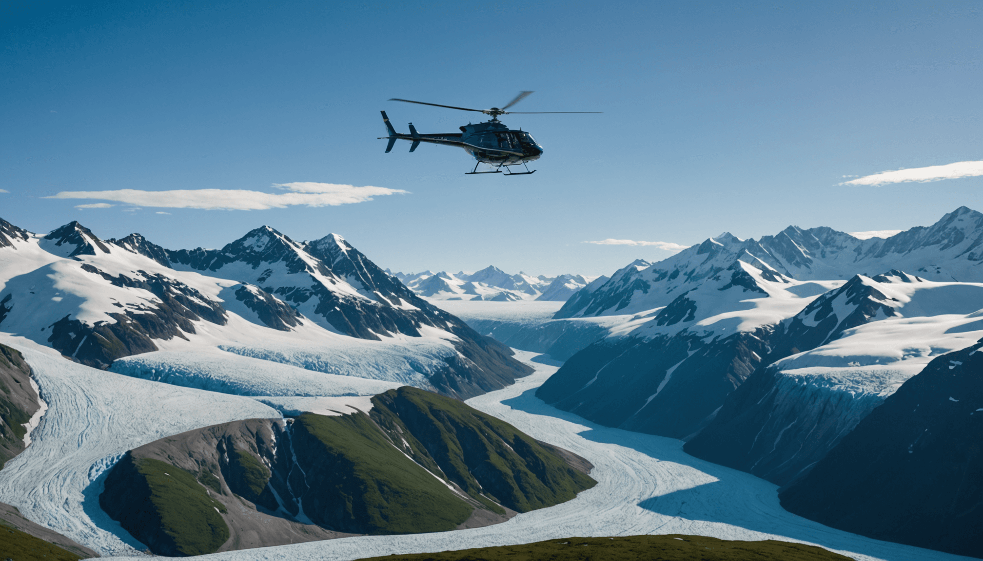 Helicopter flying over Knik Glacier