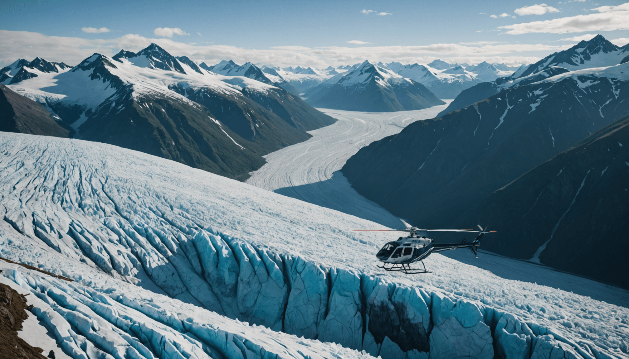 Helicopter flying over Knik Glacier