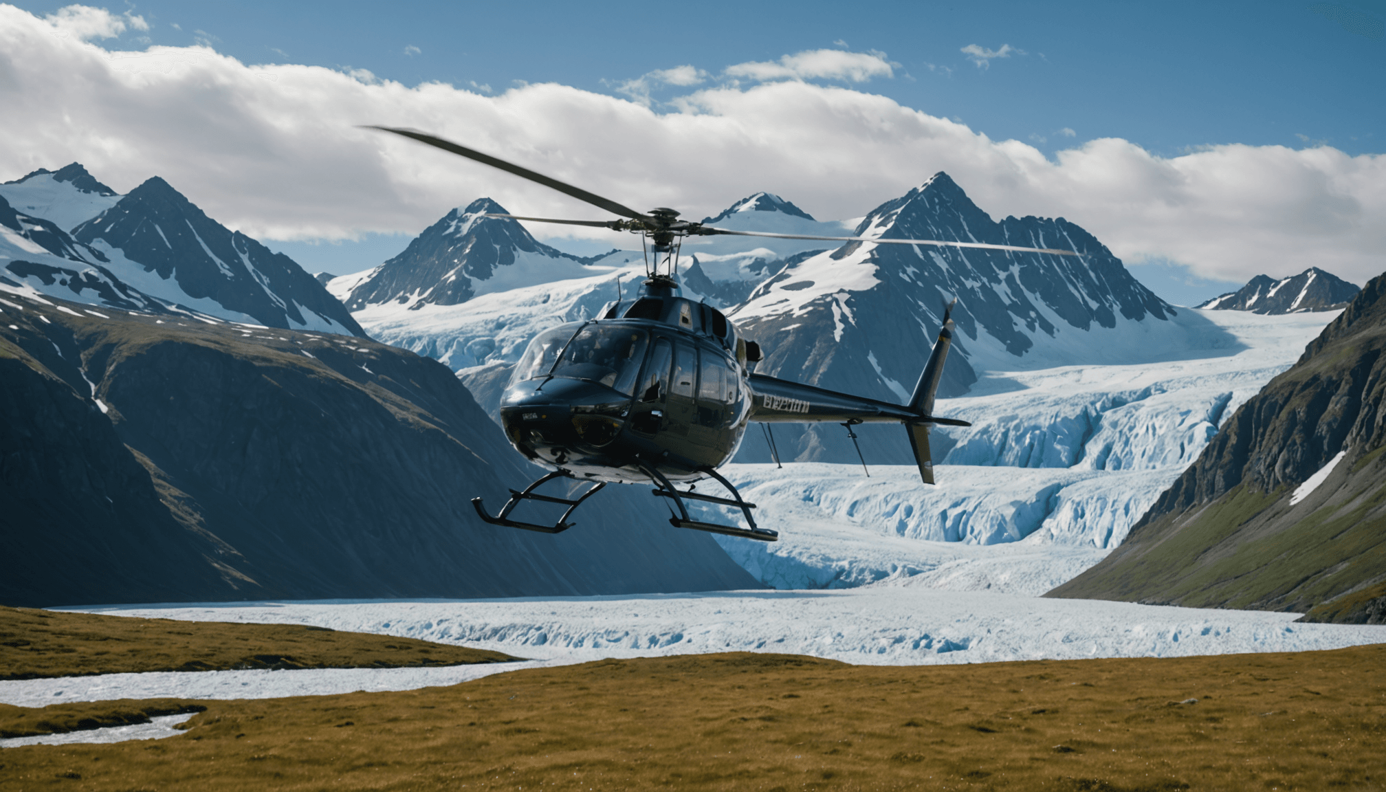 Helicopter landing on an Alaskan mountain with passengers exploring