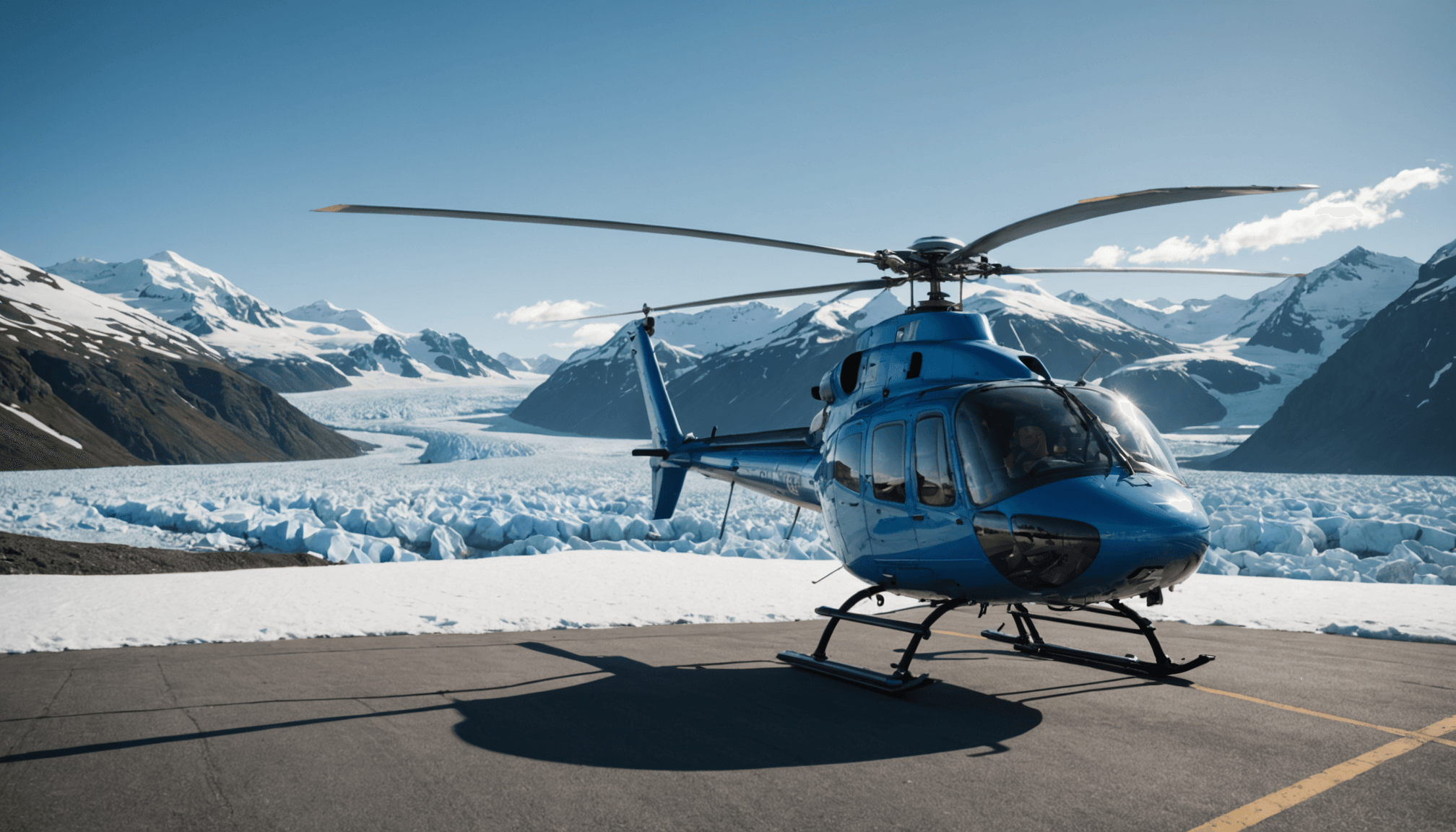 Passengers boarding a helicopter with snow-capped mountains in the background