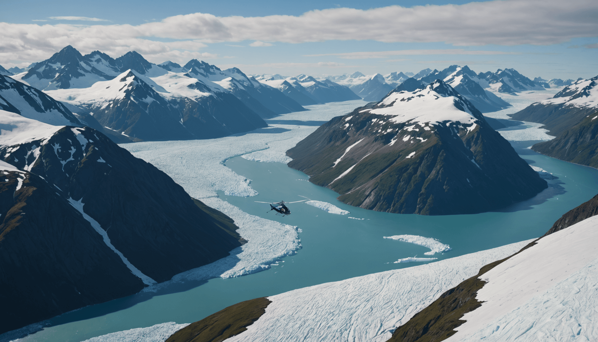 Helicopter flying over Prince William Sound