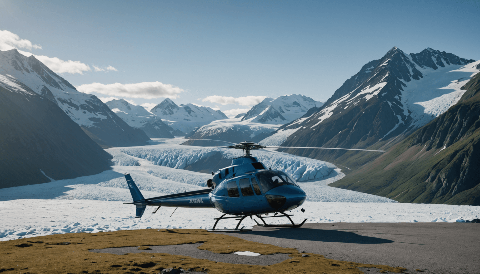Helicopter preparing for takeoff with a backdrop of Alaska's mountains