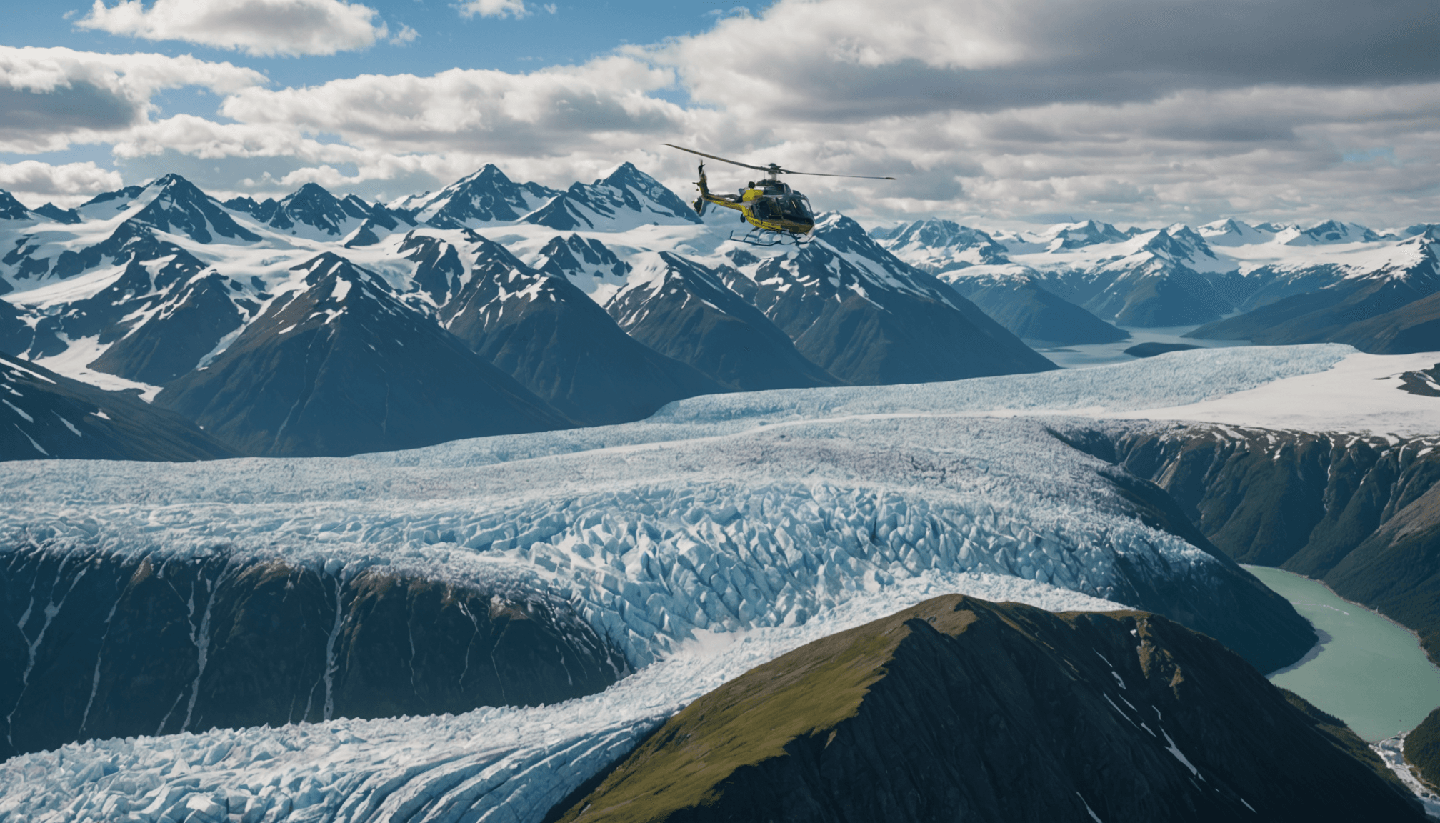 Helicopter flying over the Chugach Mountains