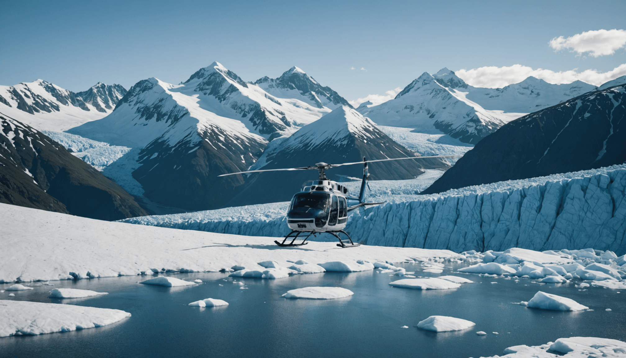 A helicopter landing on a snow-covered peak in the Chugach Mountains