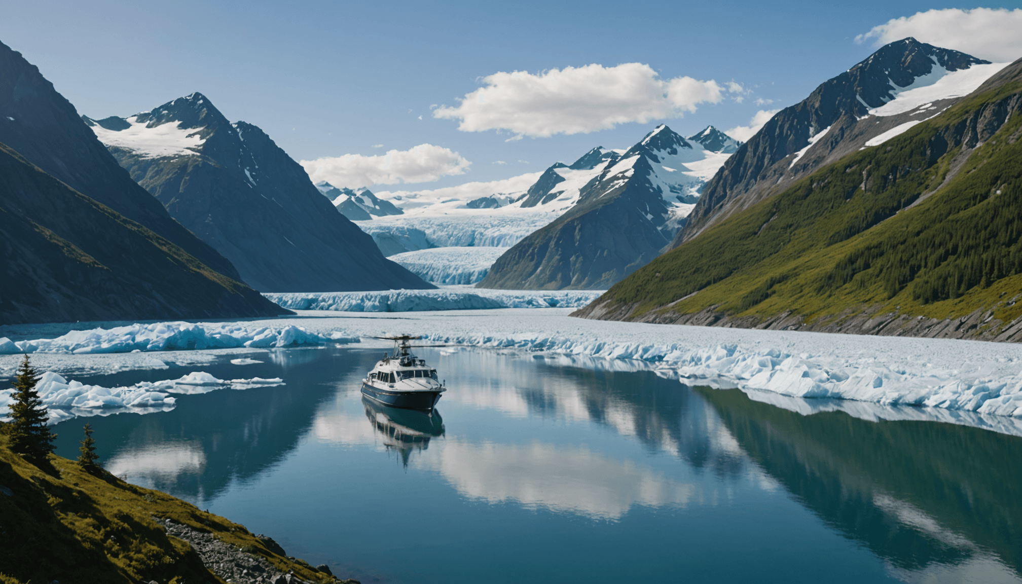 Small boat cruising near a glacier with snow-capped mountains in the background