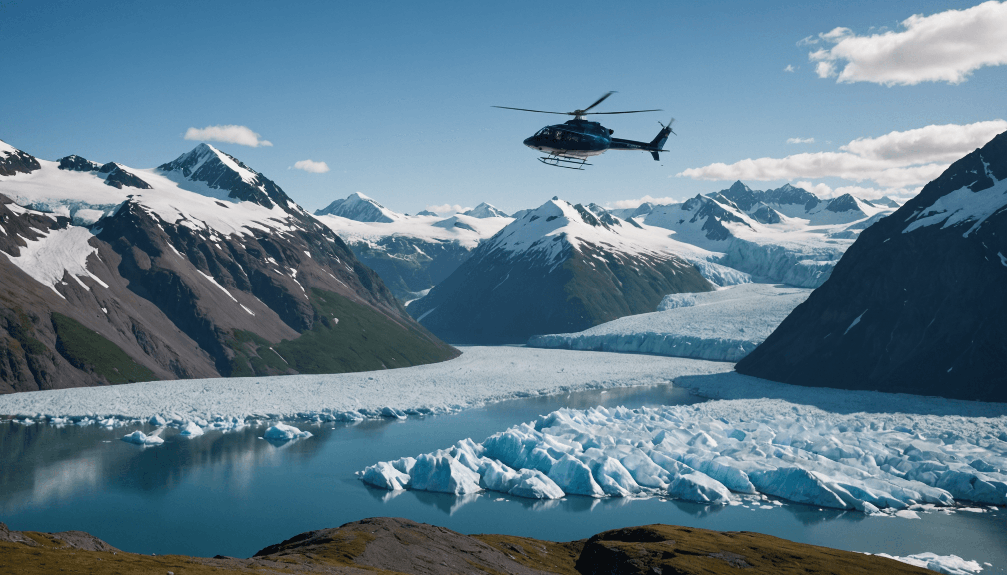 Helicopter flying over Prince William Sound
