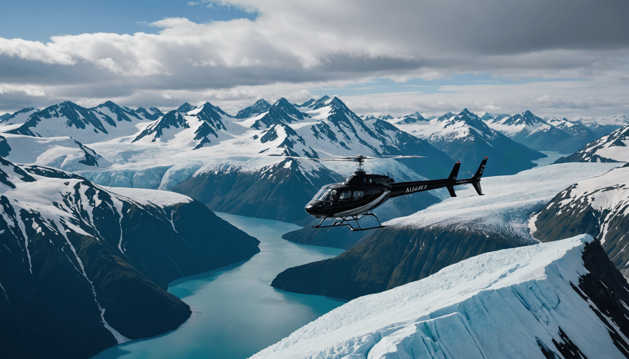Helicopter flying over Prince William Sound