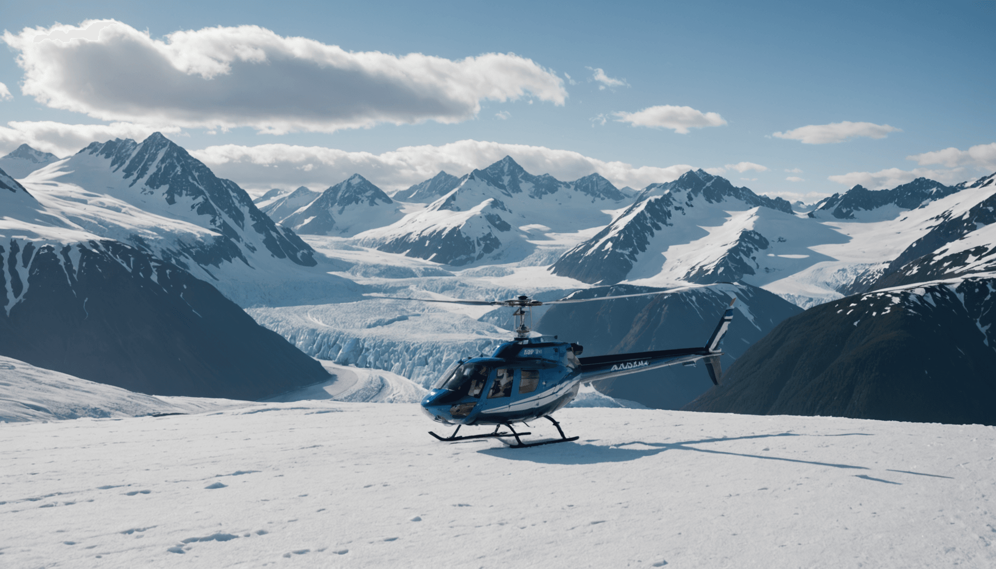 Helicopter landing on a snow-covered peak in Chugach