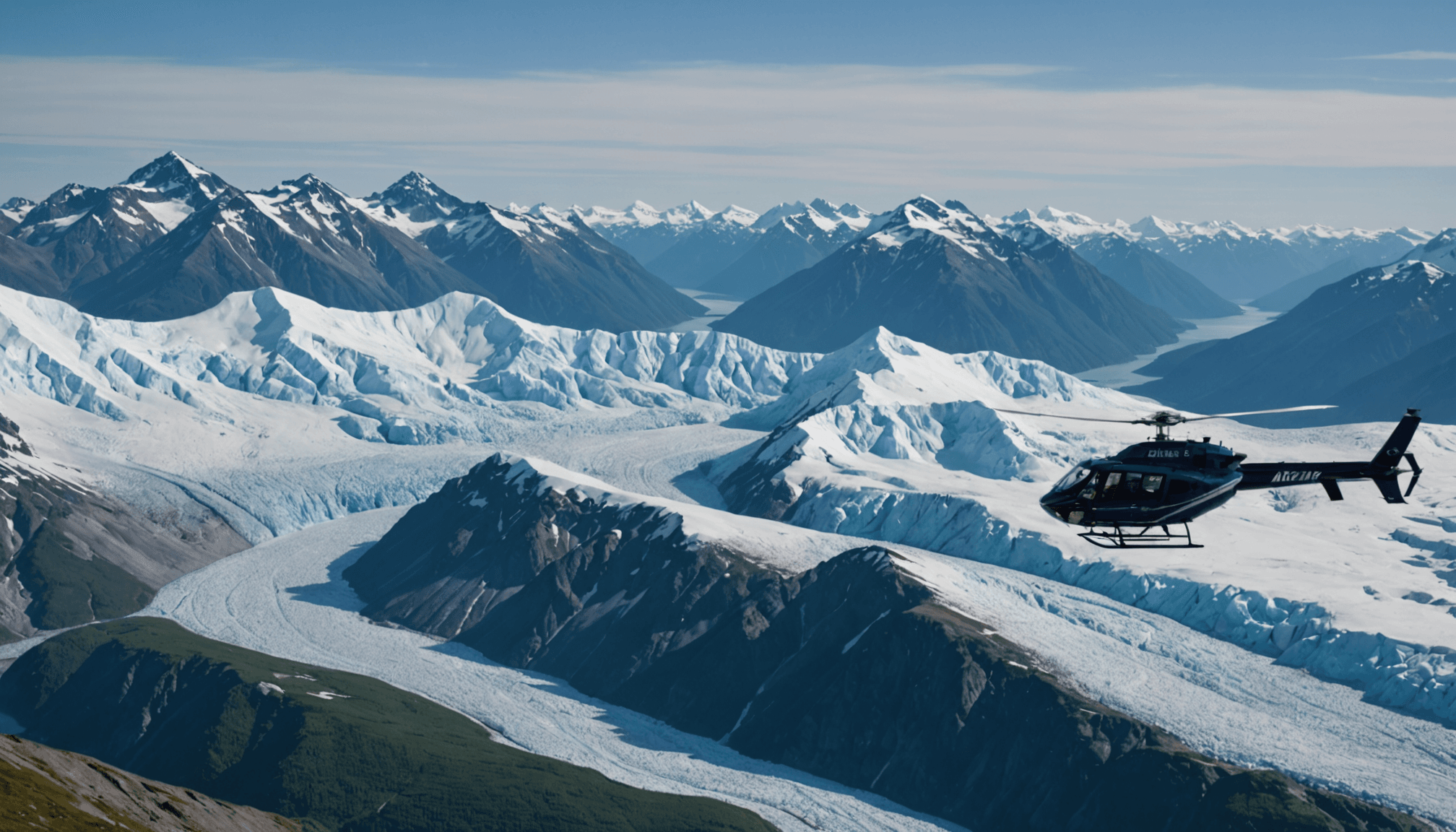 Helicopter flying over Knik Glacier with snow-covered peaks in the background