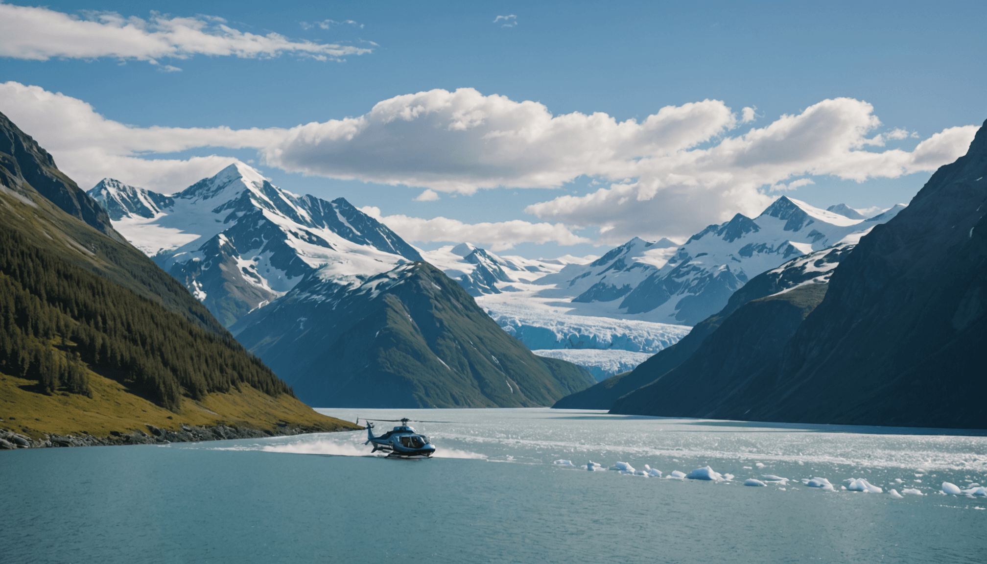 Small boat navigating through Prince William Sound, surrounded by glaciers