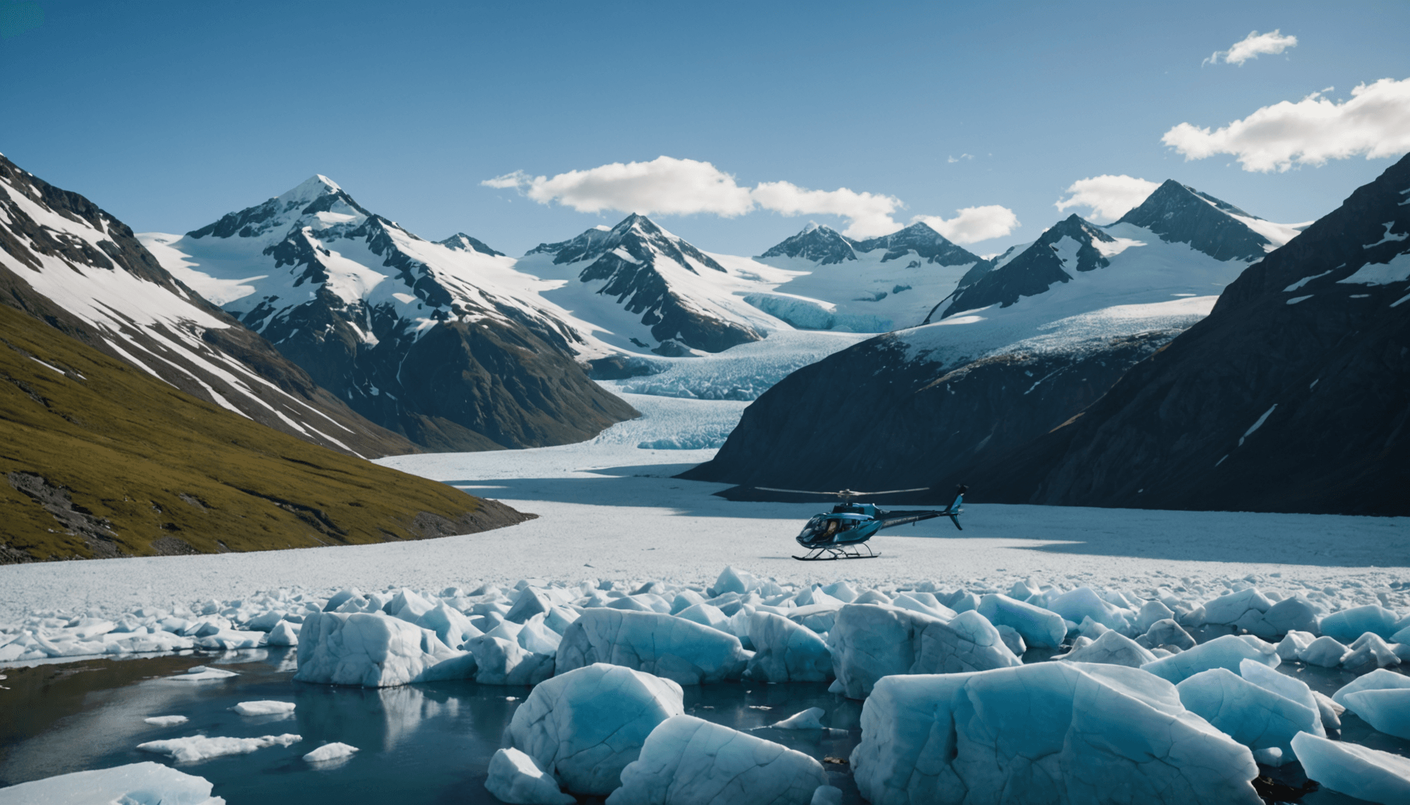 Helicopter landing on a glacier in Chugach Mountains
