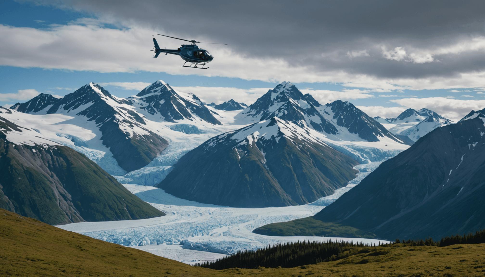 Helicopter flying over the Chugach Mountains