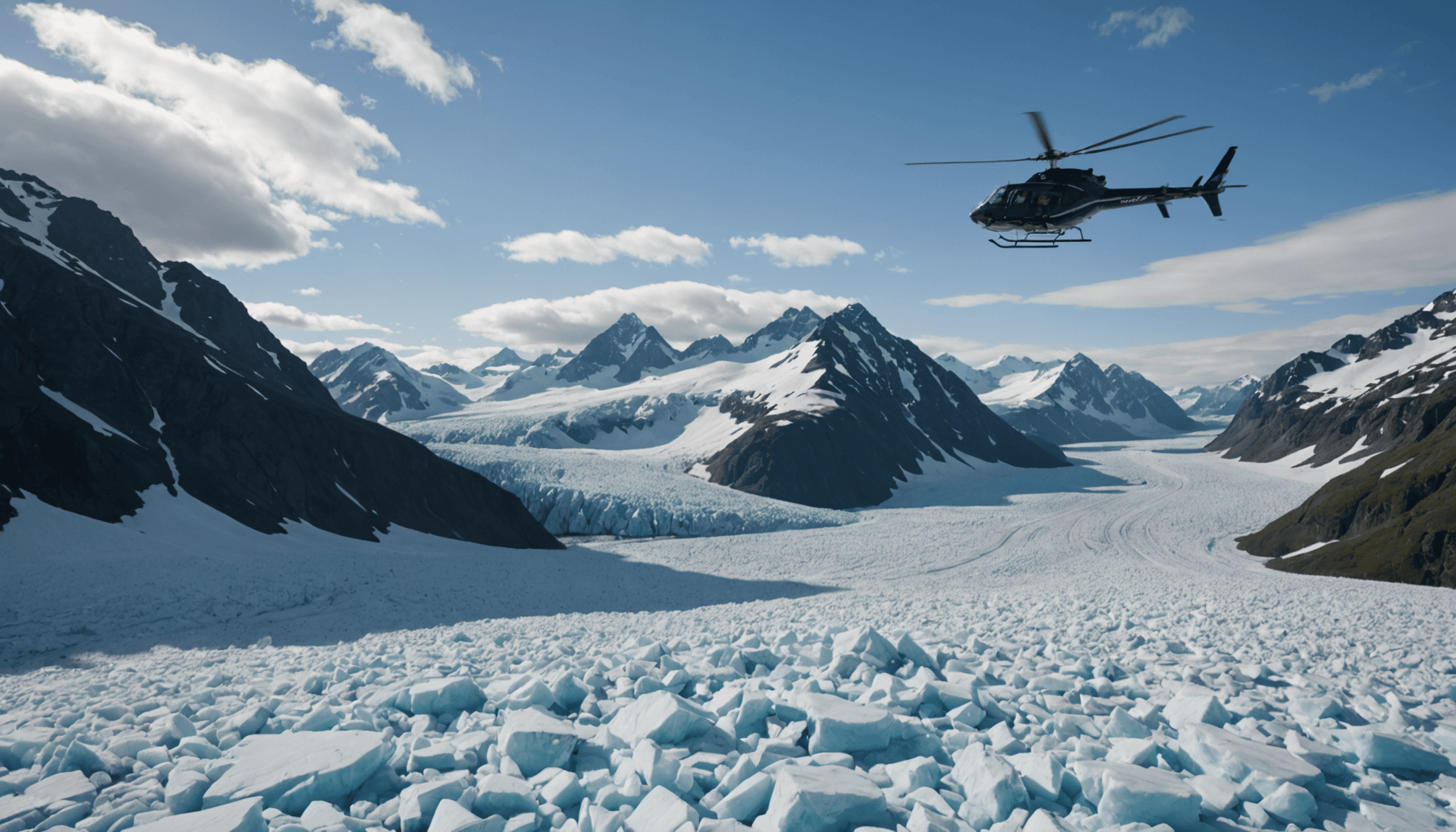Helicopter flying over Prince William Sound