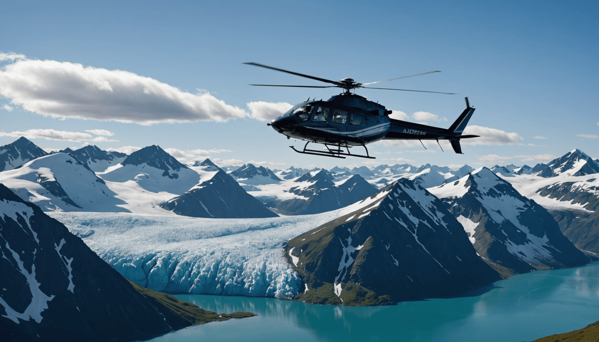 Helicopter flying over Prince William Sound