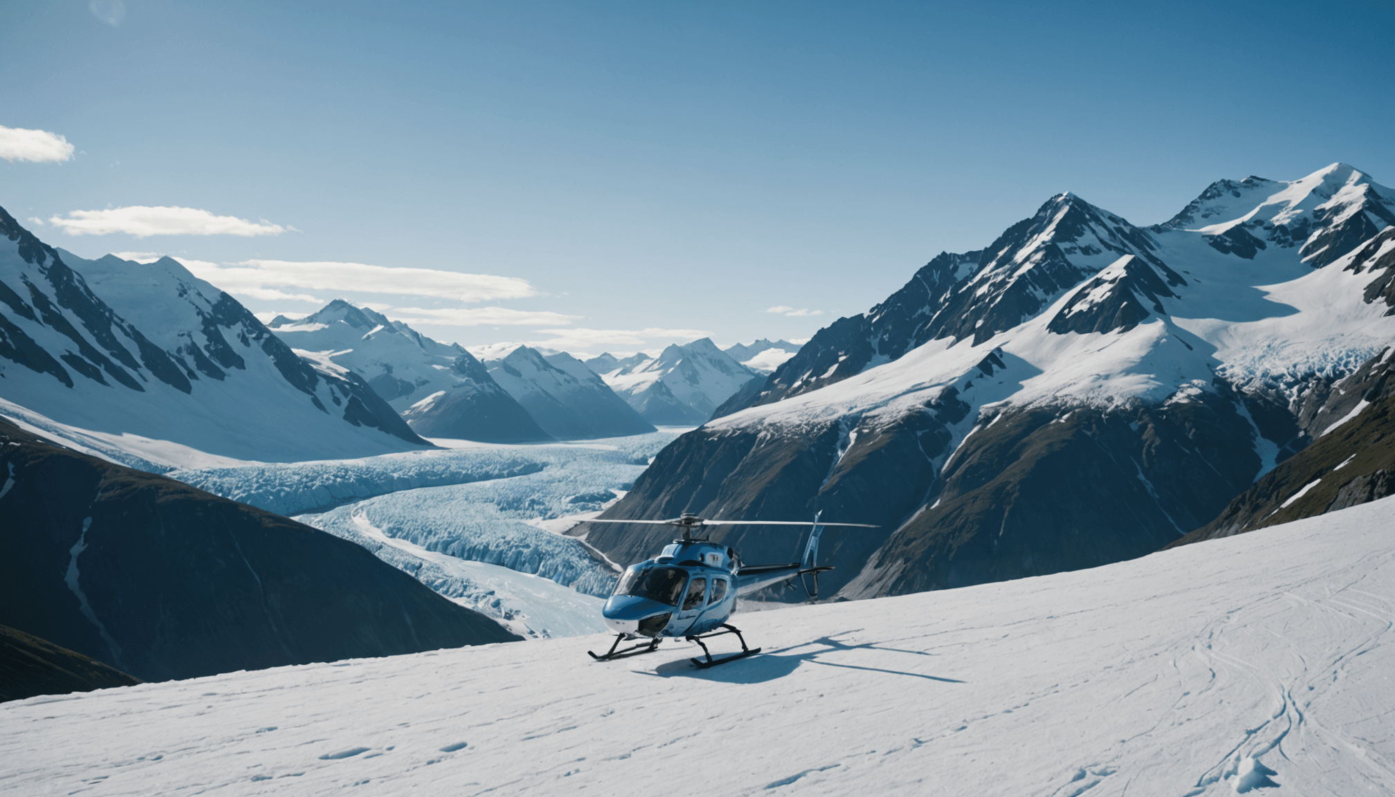 Helicopter landing on a remote Alaskan glacier