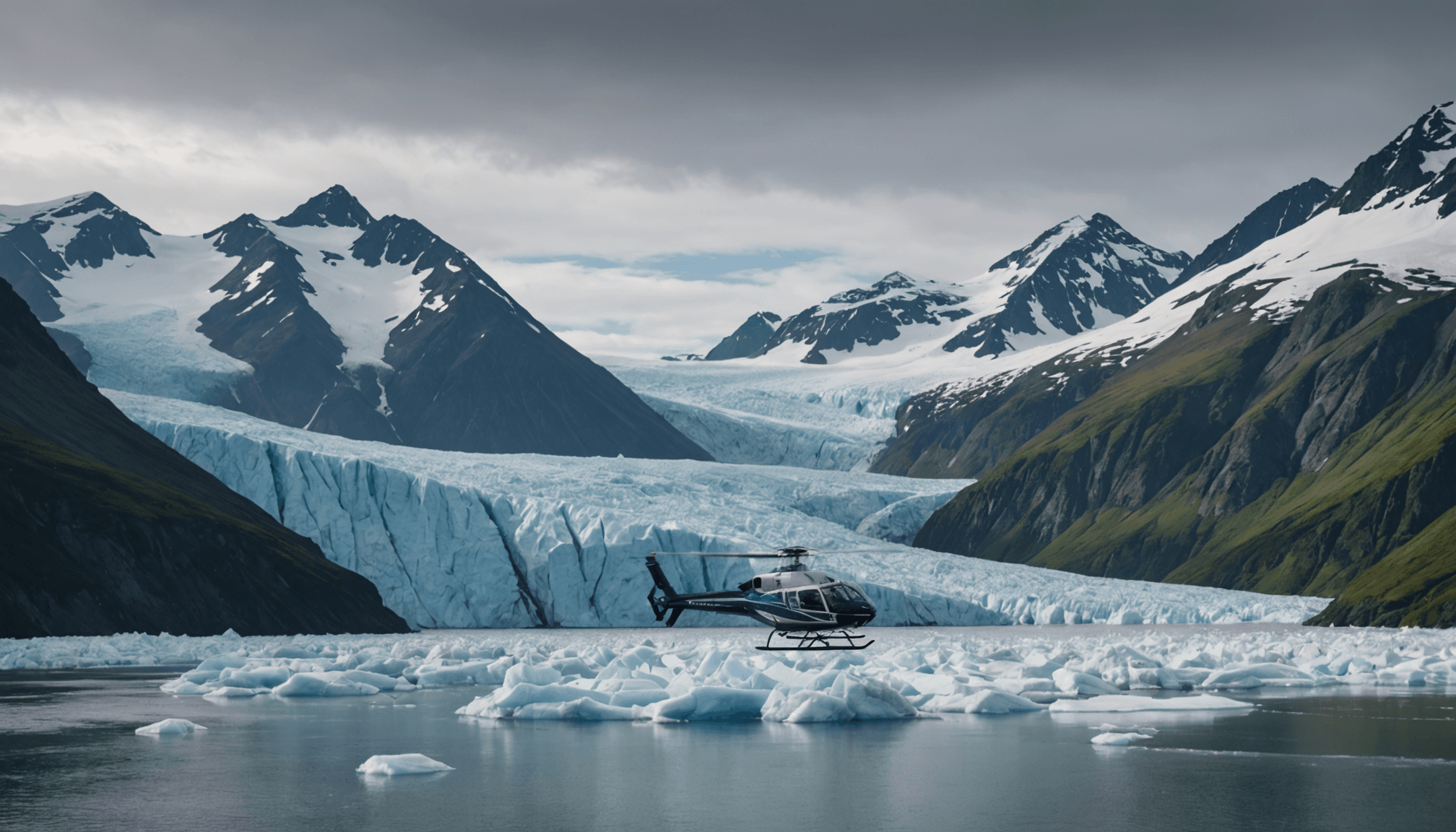 Helicopter landing on a glacier in Prince William Sound