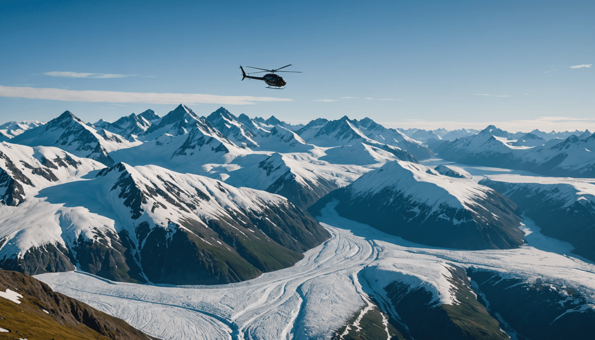 Helicopter flying over Chugach Mountains