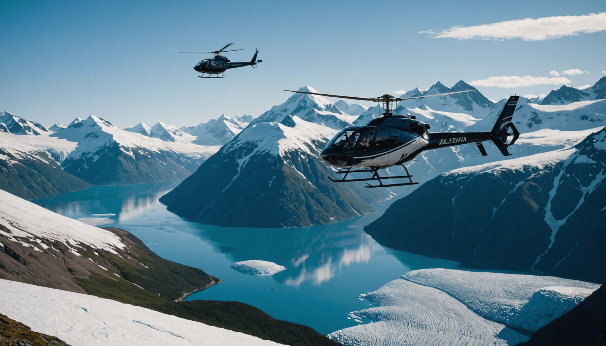 Helicopter flying over Prince William Sound