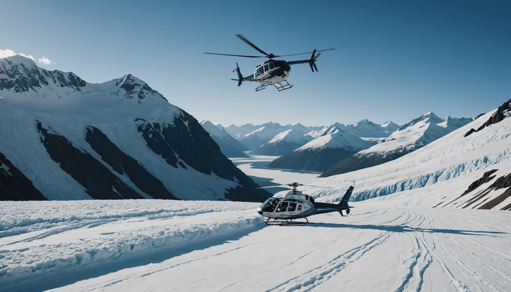 Helicopter landing on a snow-capped peak in the Chugach Mountains
