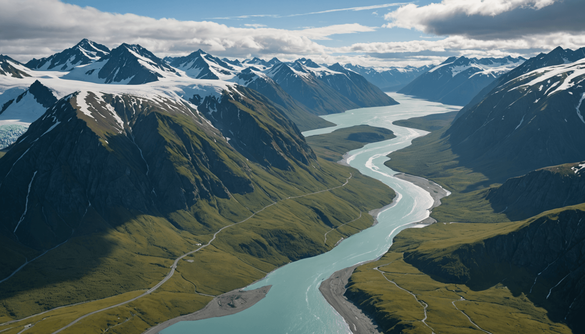 Aerial view of Seward's coastline with glaciers in the background
