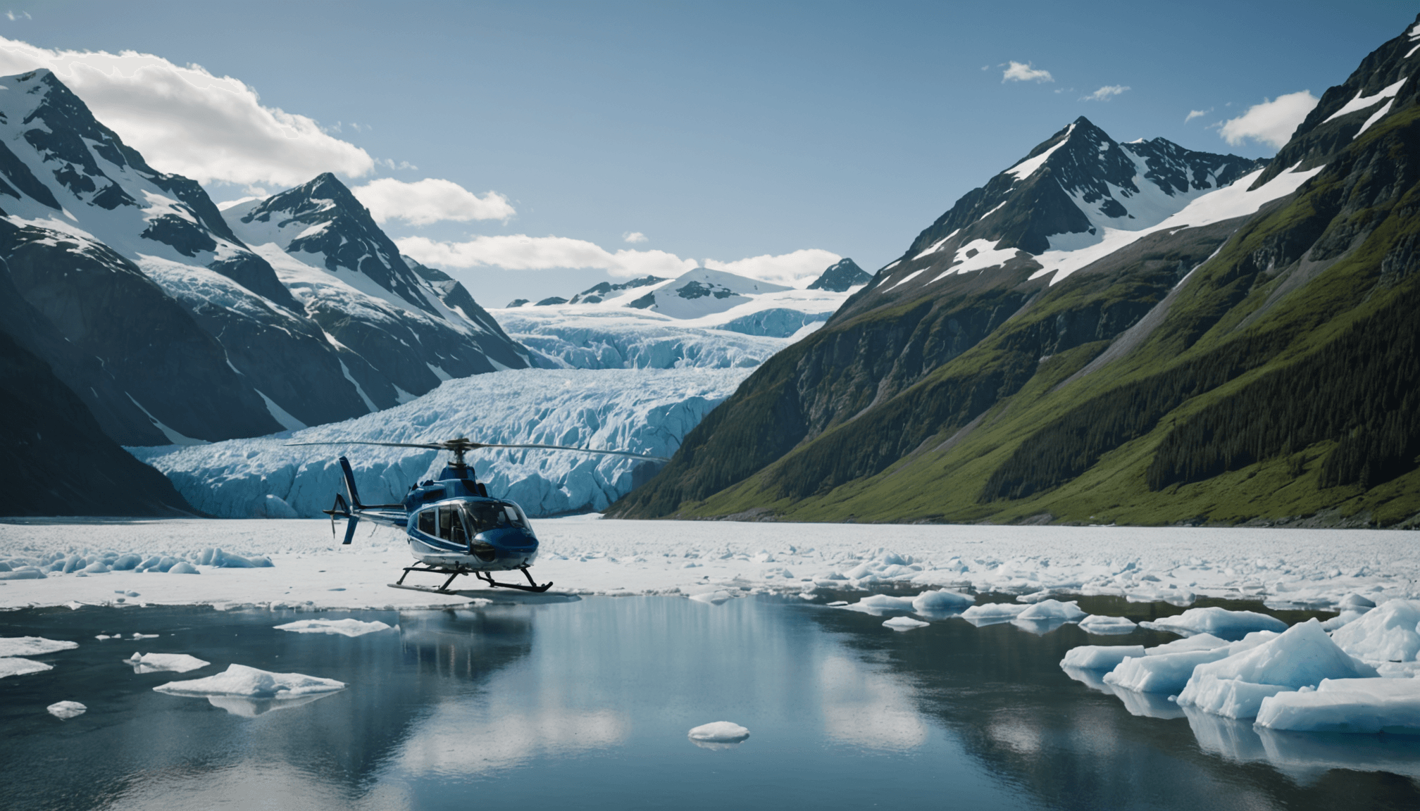Helicopter landing near a glacier lake