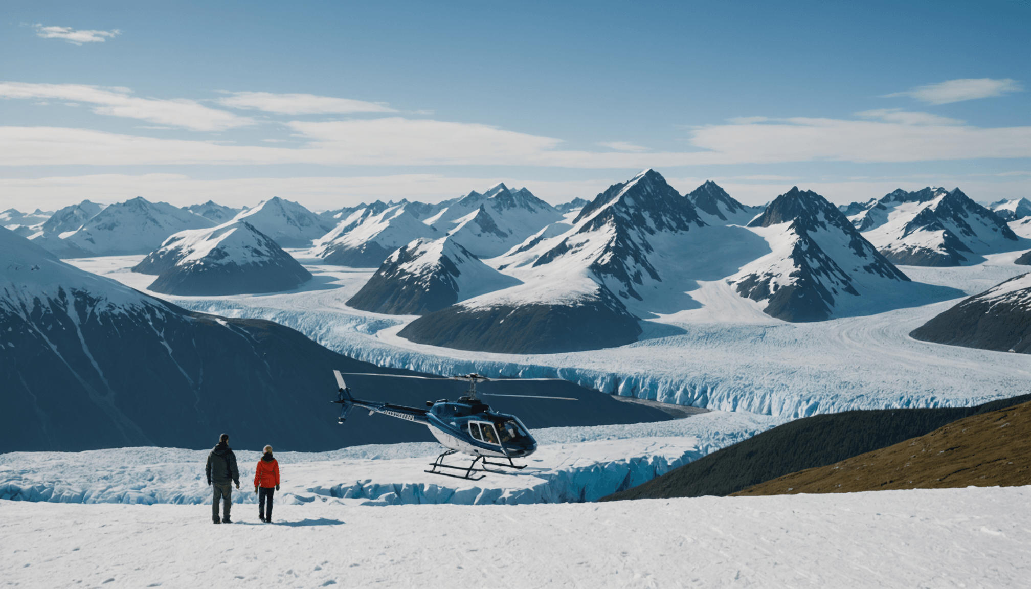 Couples enjoying a helicopter tour over Alaskan fjords