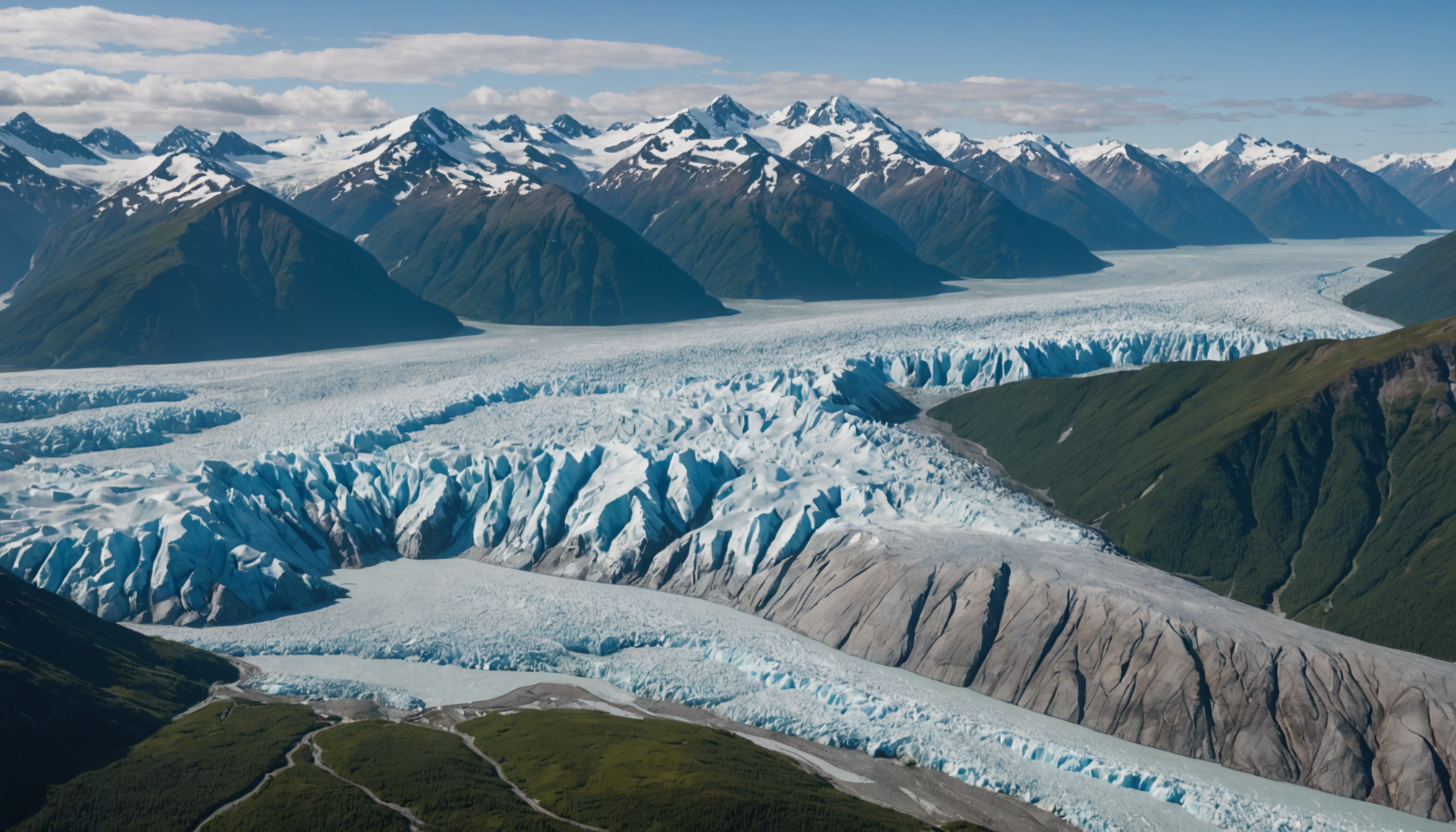 Aerial view of Knik Glacier with a helicopter in the foreground