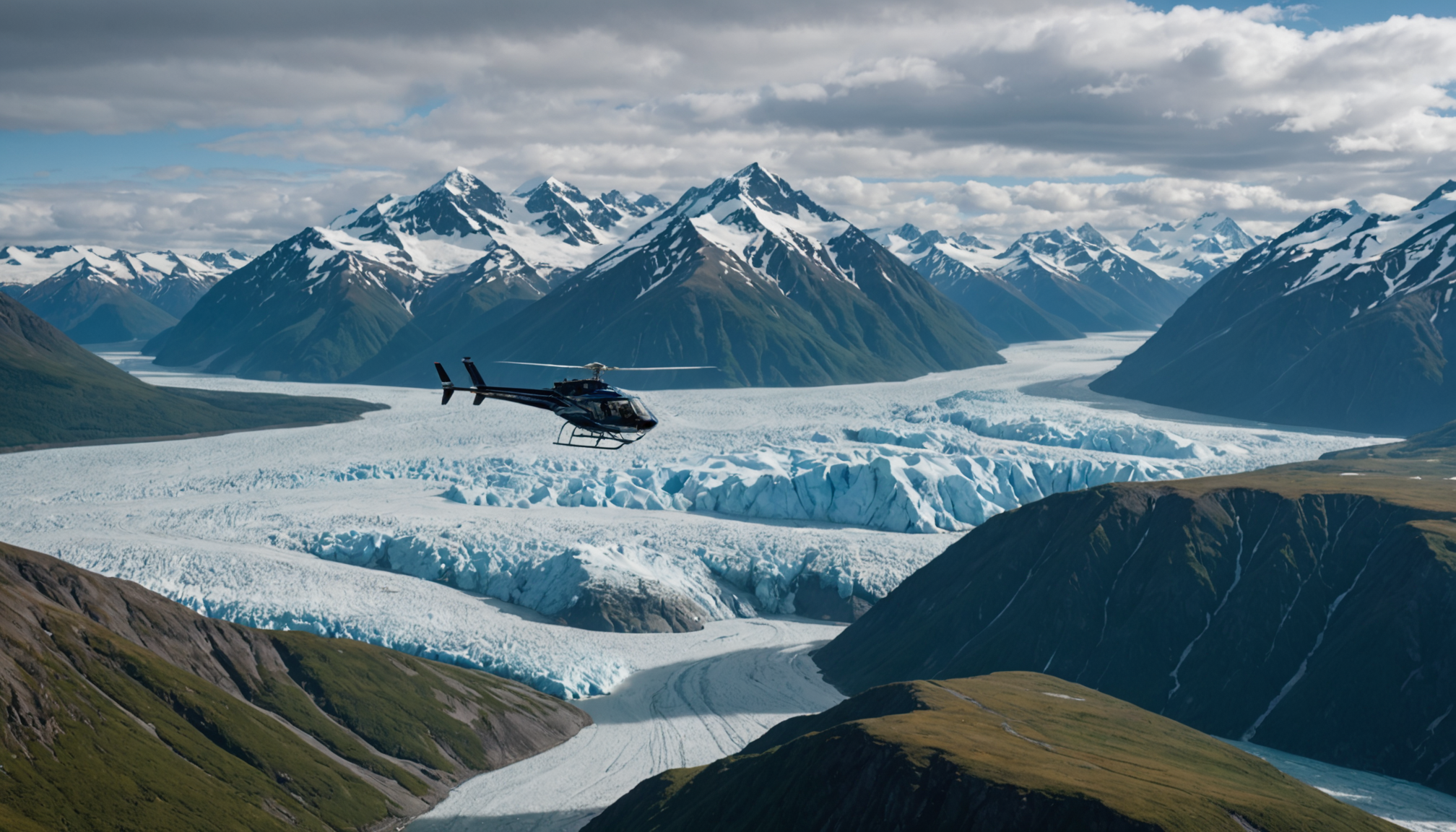 Helicopter flying over Knik Glacier
