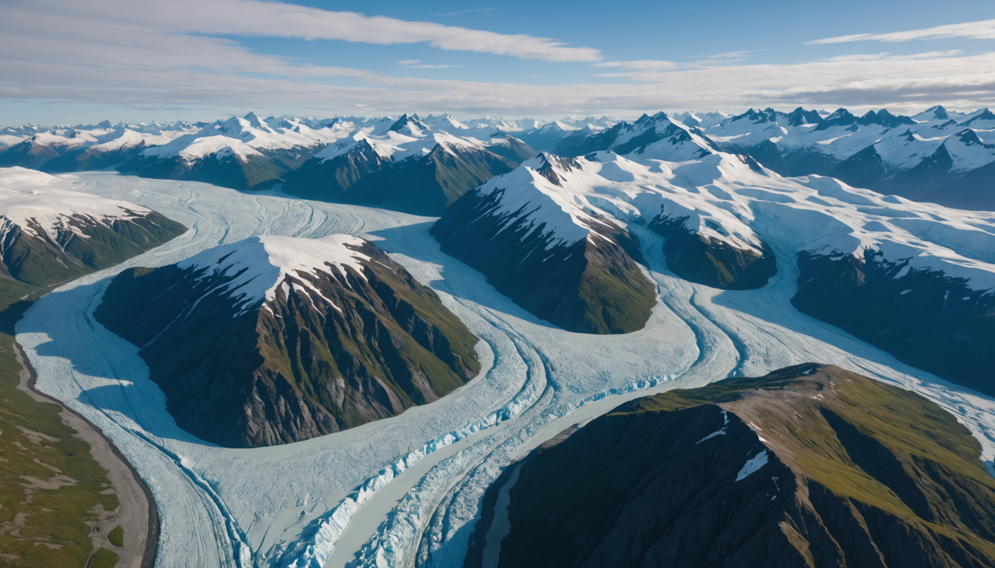 Aerial view of Knik Glacier with a helicopter in sight