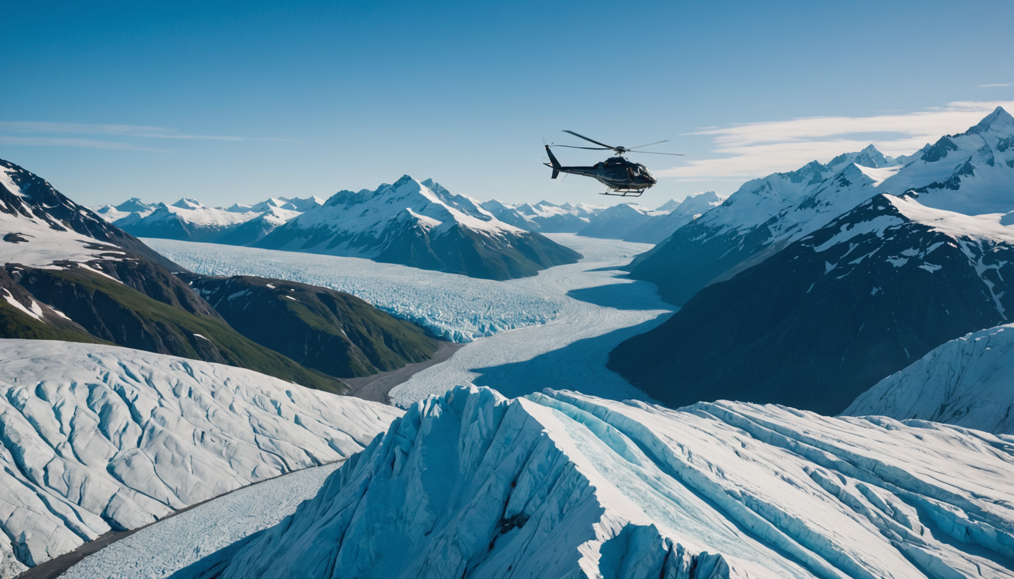 Helicopter flying over Knik Glacier