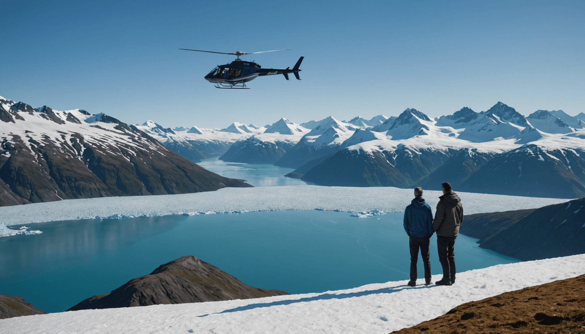 Couple enjoying a helicopter tour over Knik Glacier