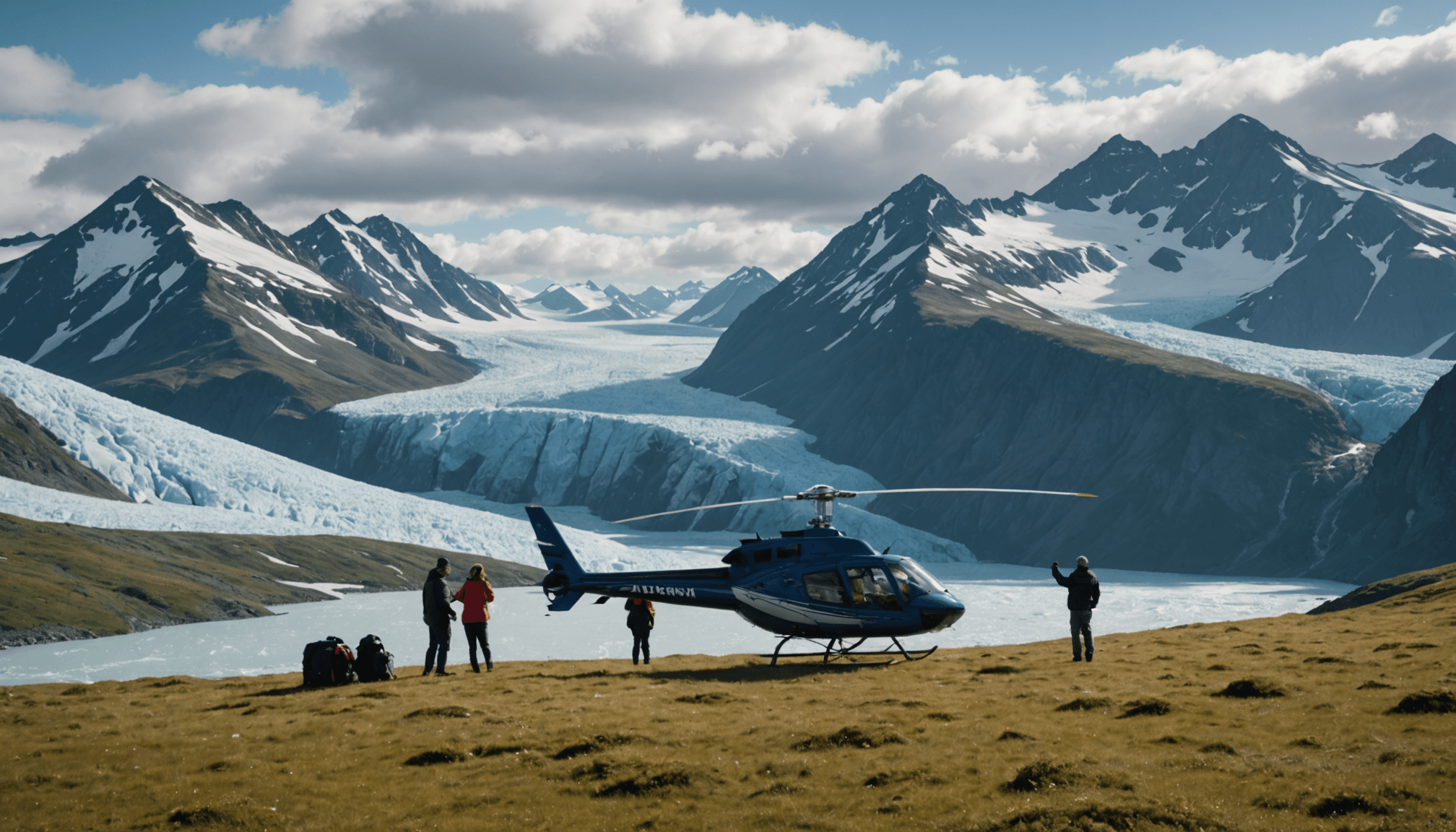 A couple enjoying scenic views from a helicopter in Alaska