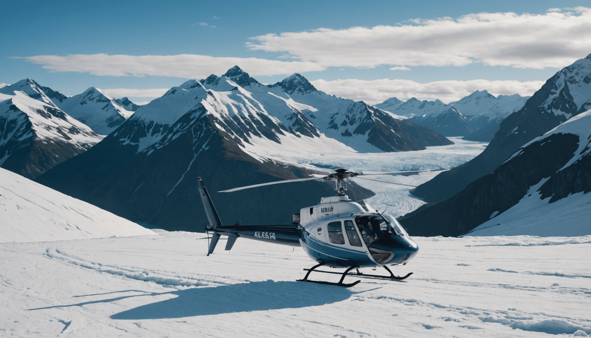 Helicopter landing on a snow-covered peak with the Chugach Mountains backdrop