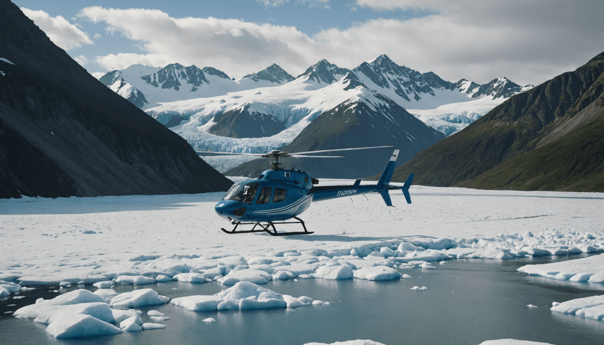 Helicopter landing on a snow-capped peak in the Chugach Mountains