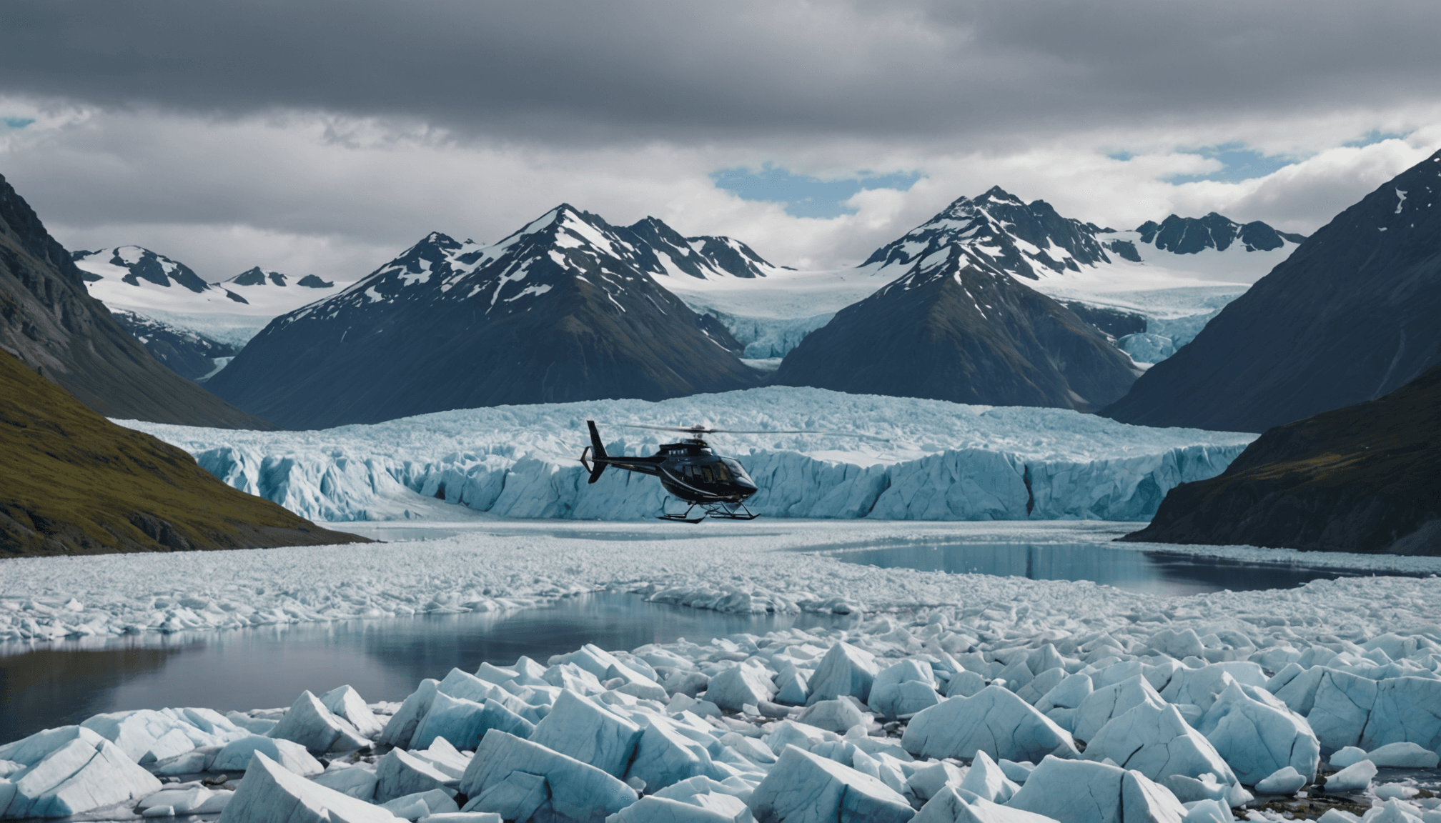 A helicopter taking off from a glacier in the Mat-Su Valley