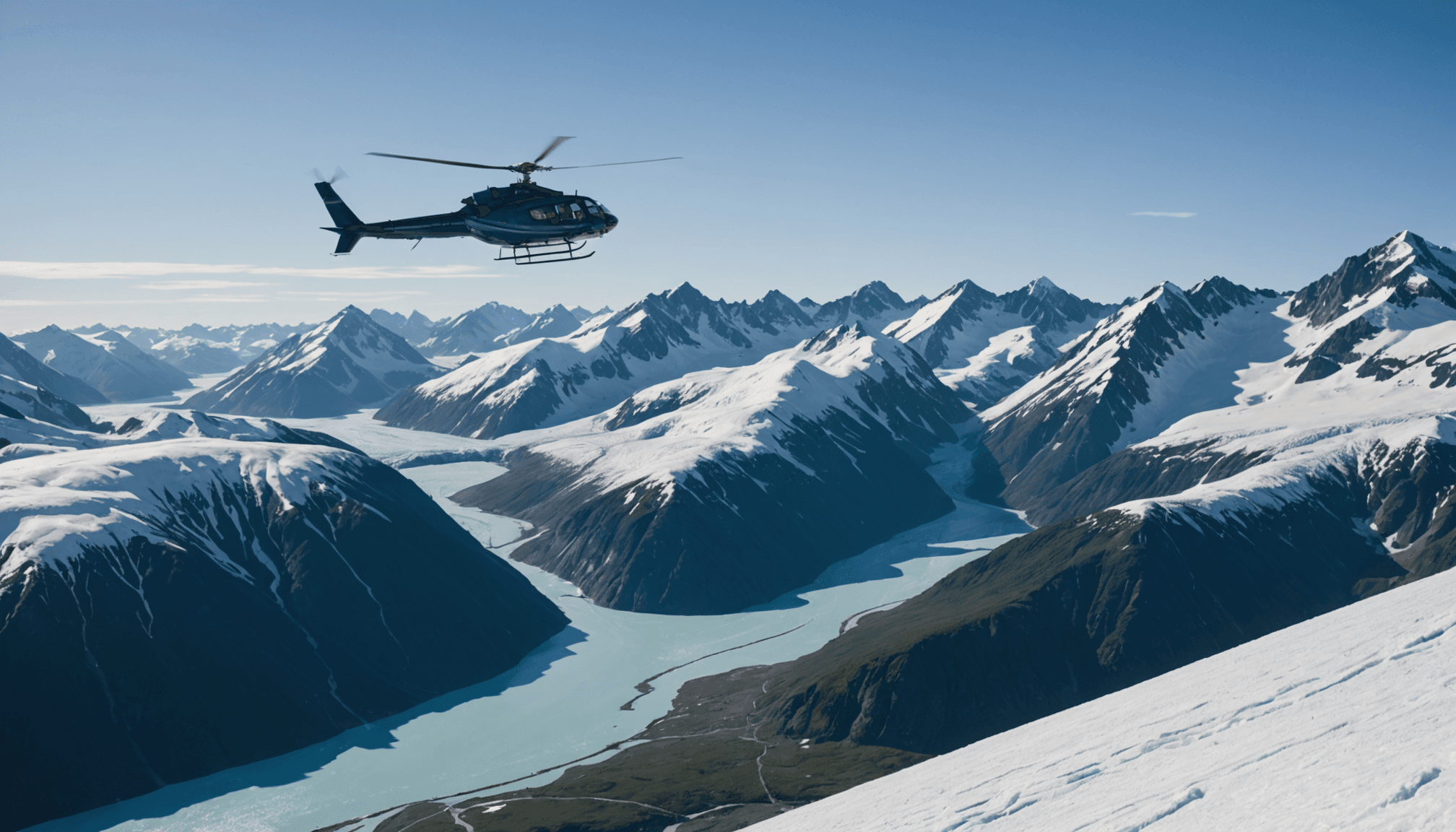 Helicopter flying over Chugach Mountains