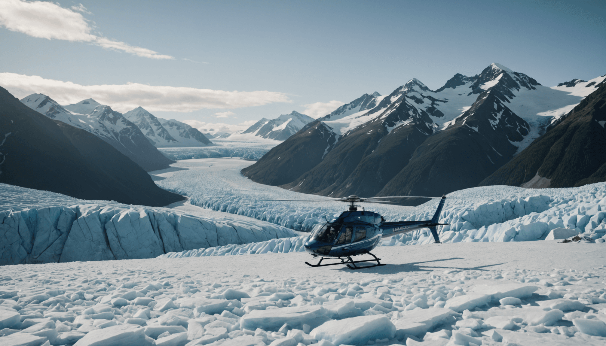 Helicopter landing on a glacier in the Chugach Mountains