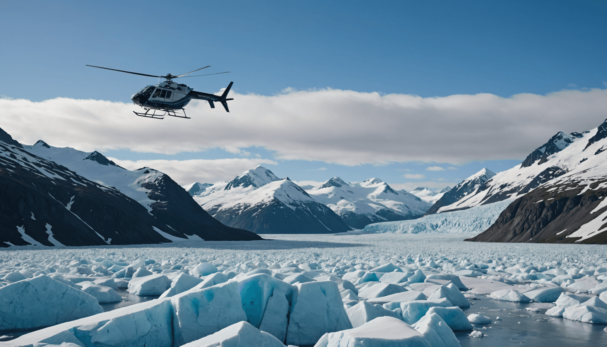 Helicopter landing on a remote Alaskan glacier