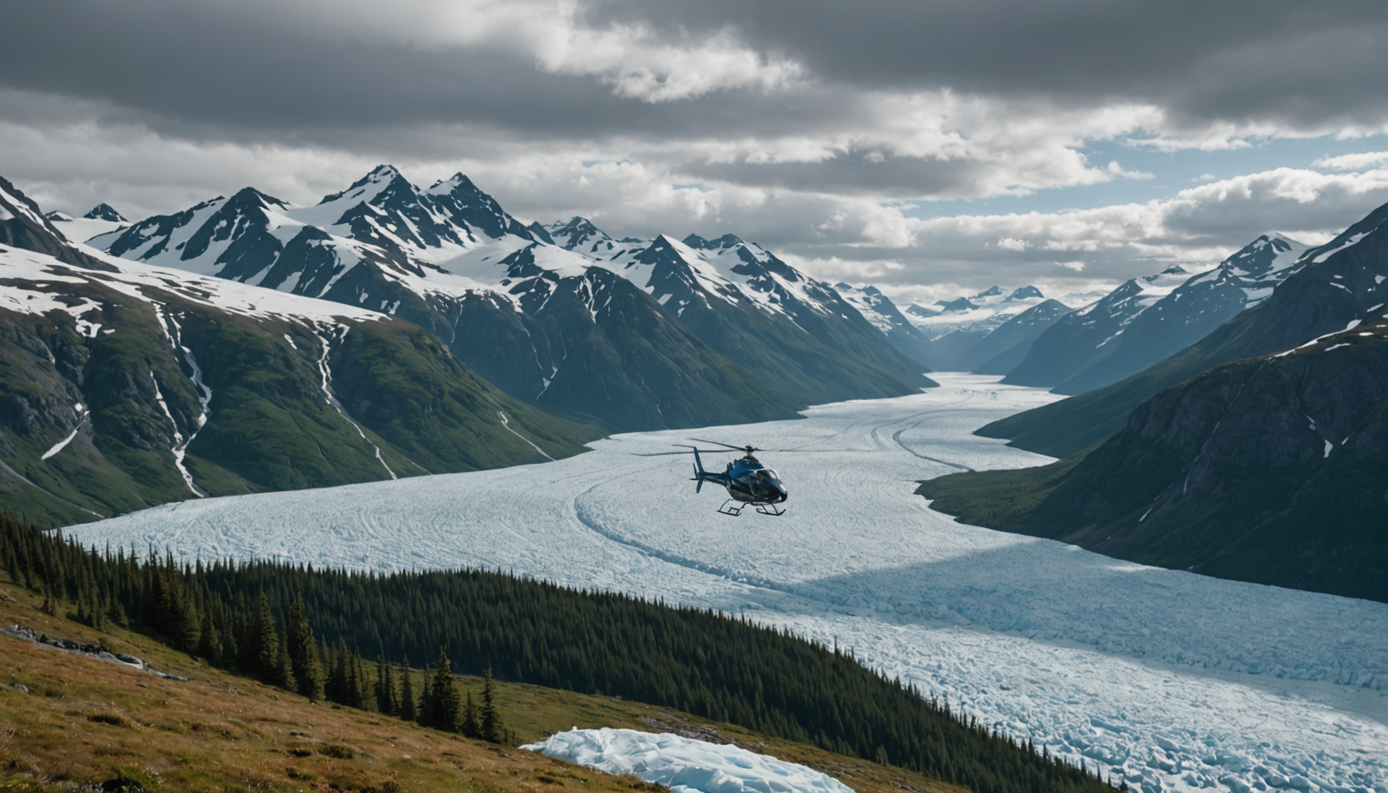 Helicopter landing in the Alaskan wilderness