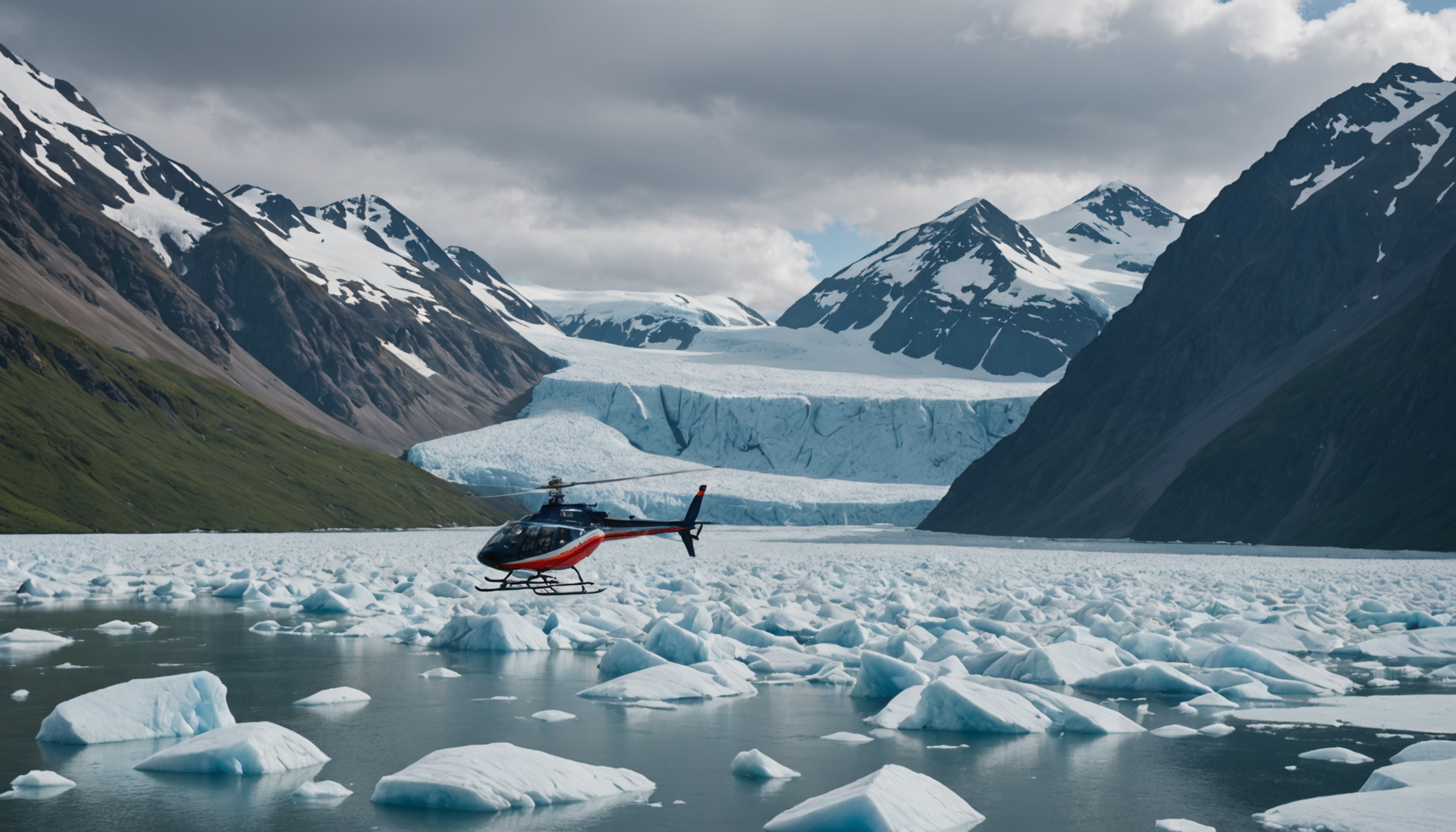 Helicopter landing on a glacier in the Mat-Su Valley