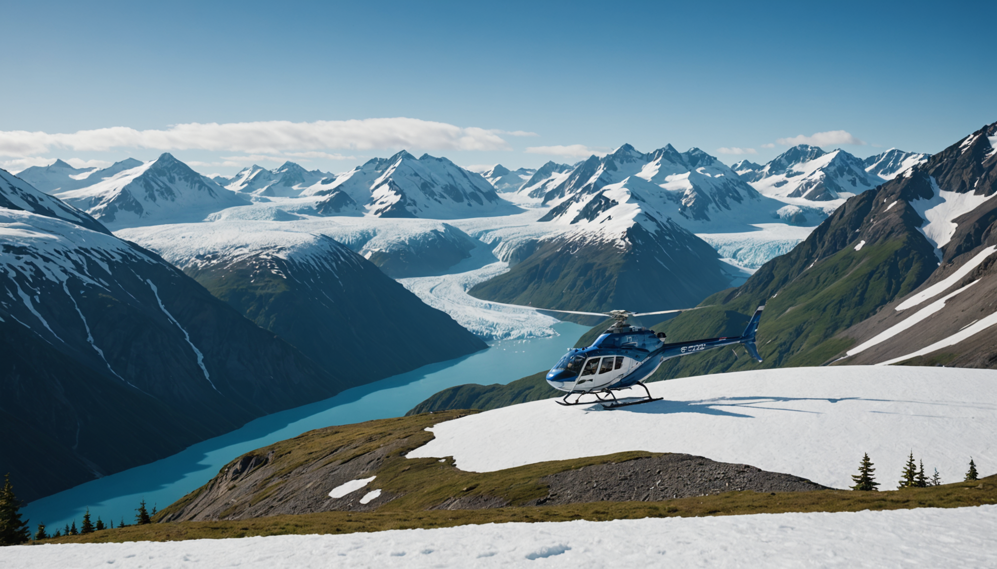 Helicopter landing on a snow-capped peak in the Chugach Mountains