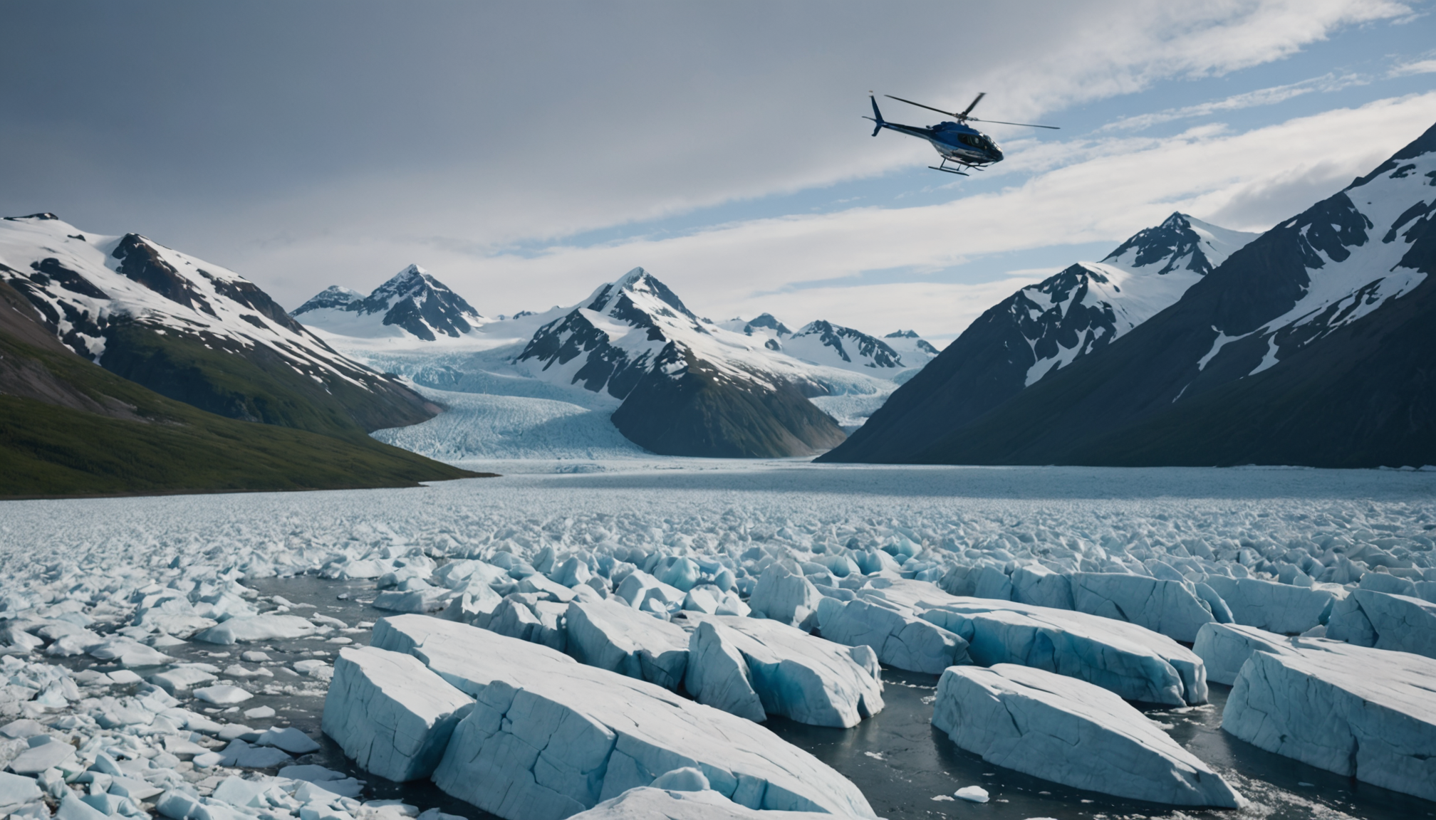 Helicopter landing near a remote Alaskan glacier with passengers exploring the area