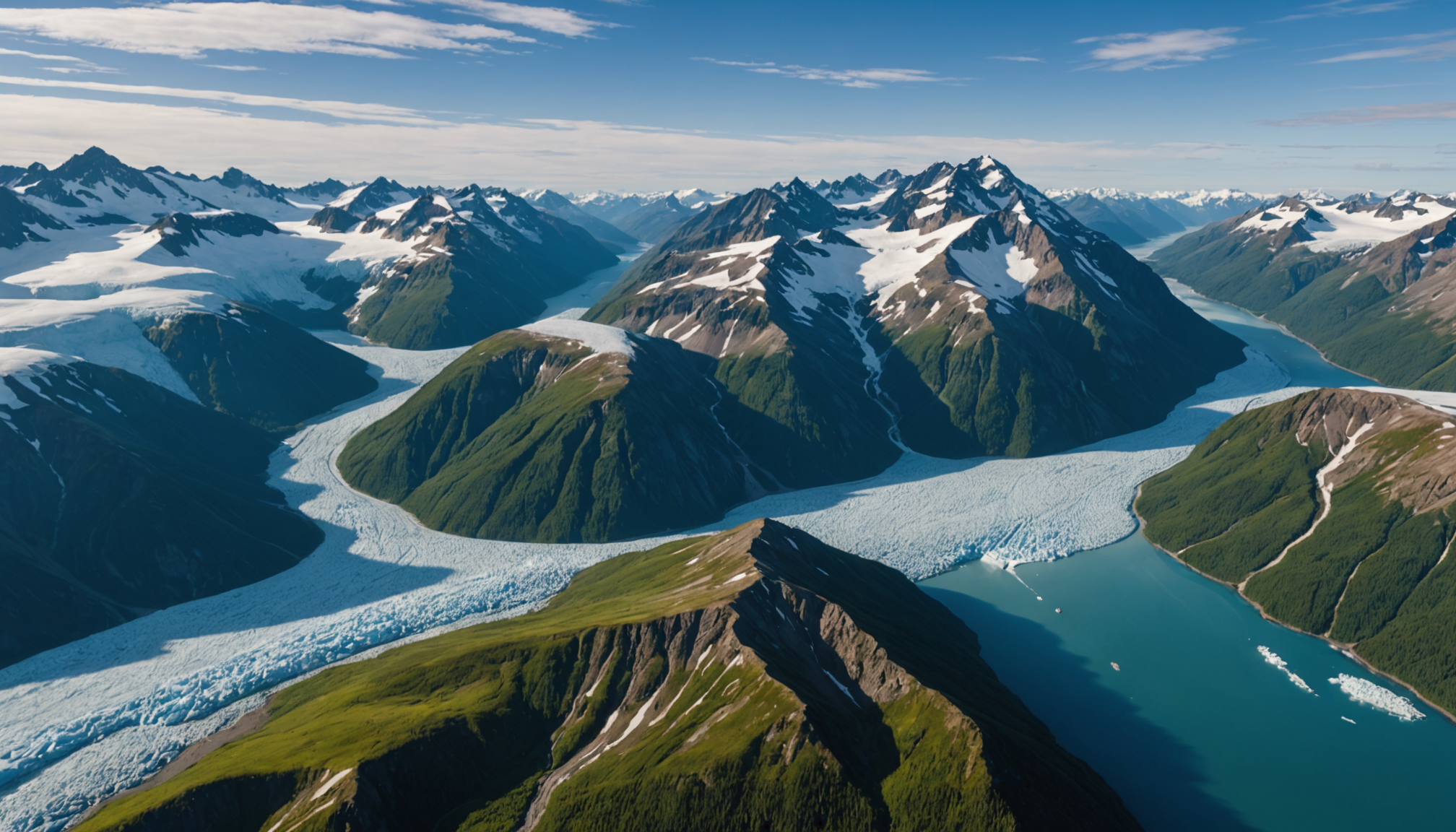 Aerial view of the Chugach Mountains bathed in late afternoon sunlight