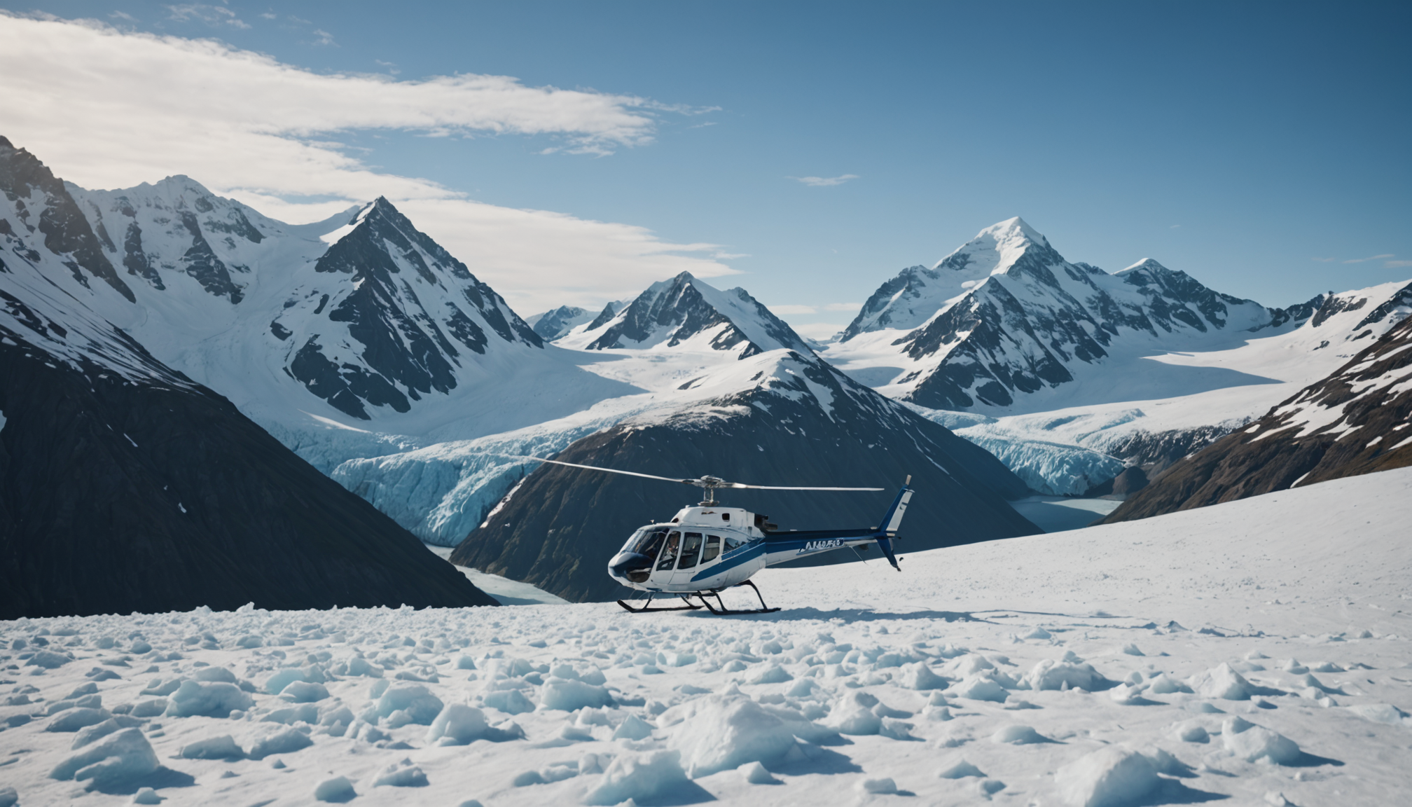 Helicopter landing on a snow-covered Alaskan mountain