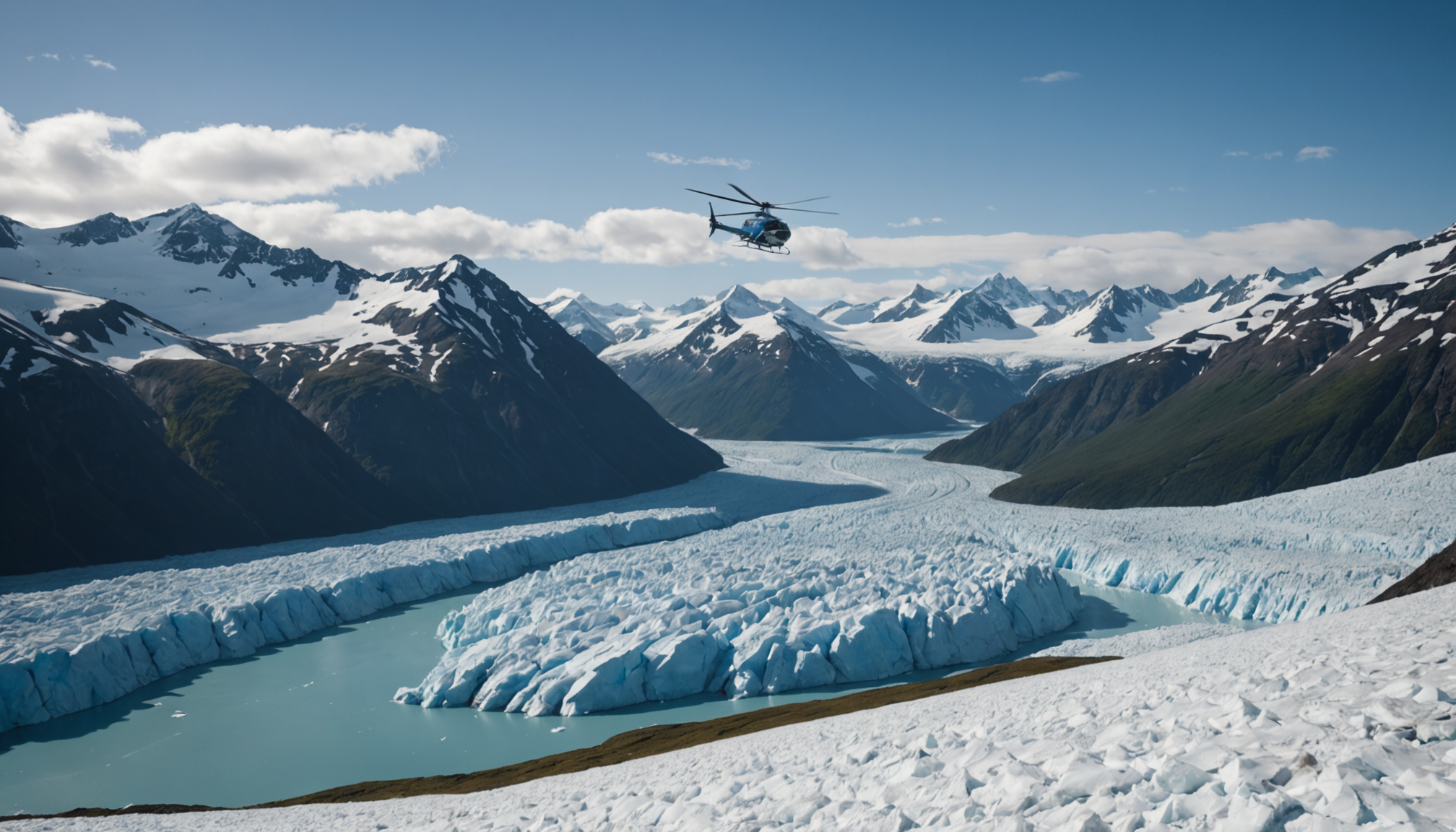 Helicopter landing on a glacier in the Chugach Mountains
