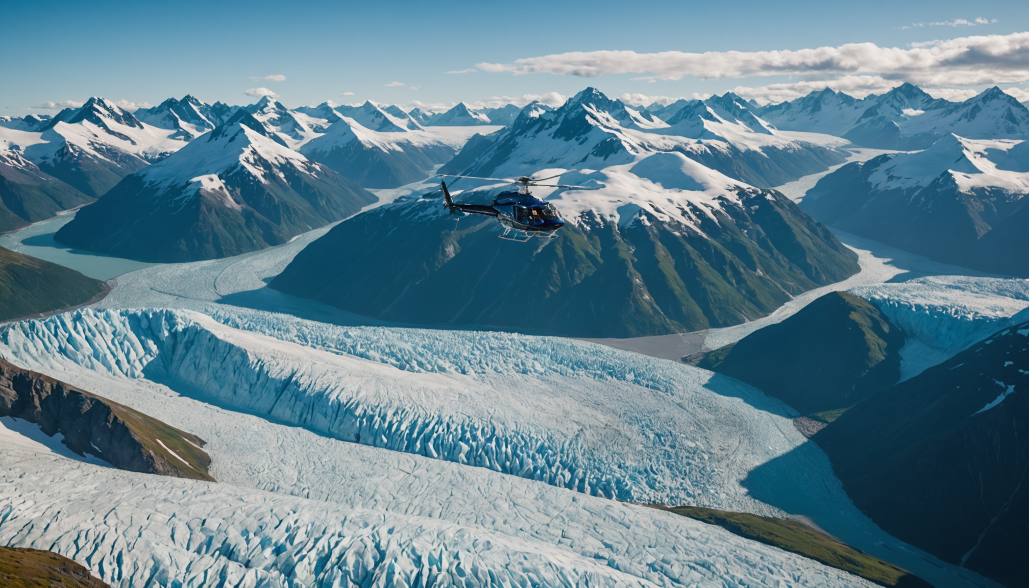 Helicopter flying above Knik Glacier with the Chugach Mountains in the background