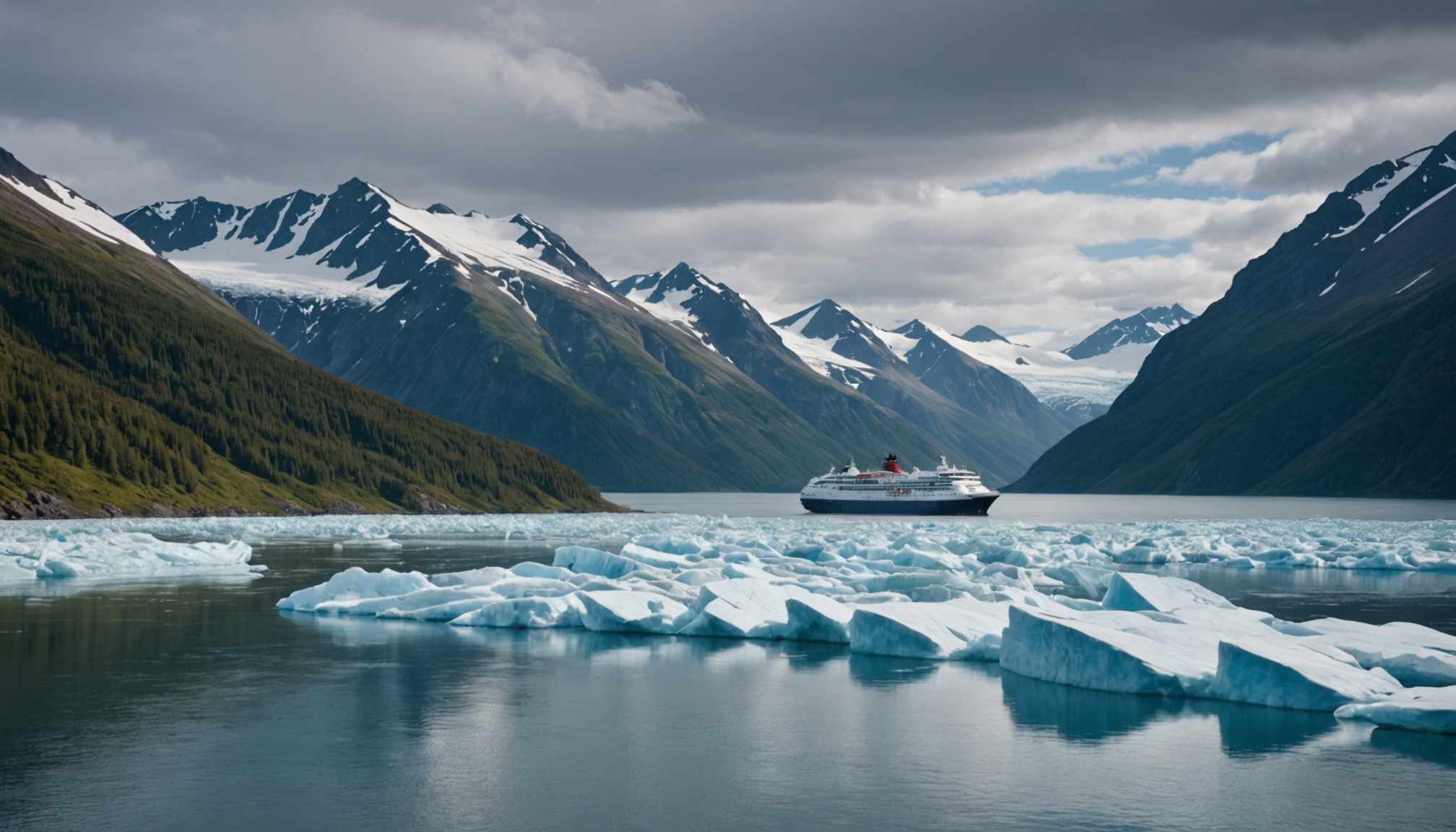 Scenic view of a small cruise ship against the backdrop of the Chugach Mountains