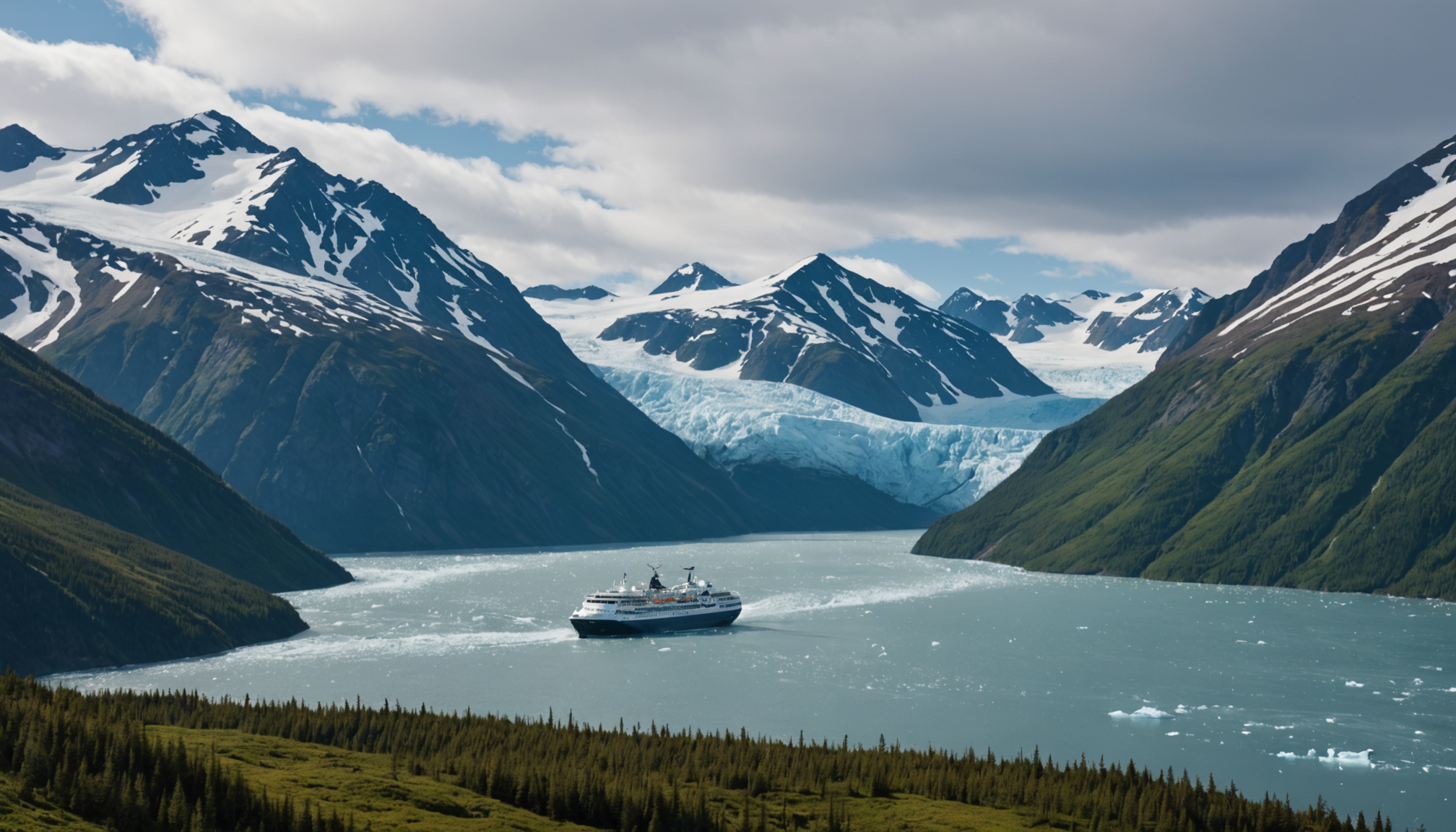 Aerial view of a small cruise ship alongside a majestic Alaskan glacier