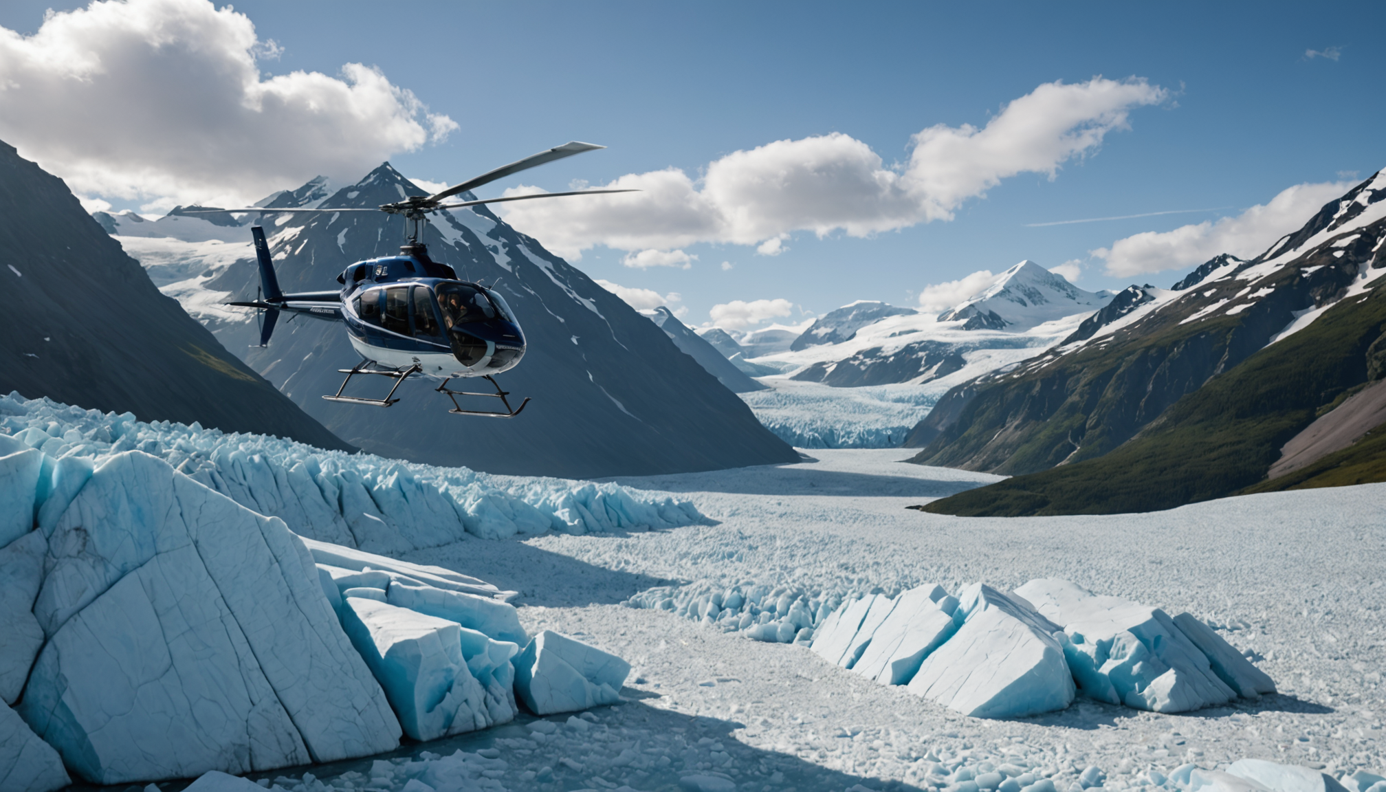 A helicopter flying over a glacier in Alaska, showcasing the vastness and beauty of the icy terrain